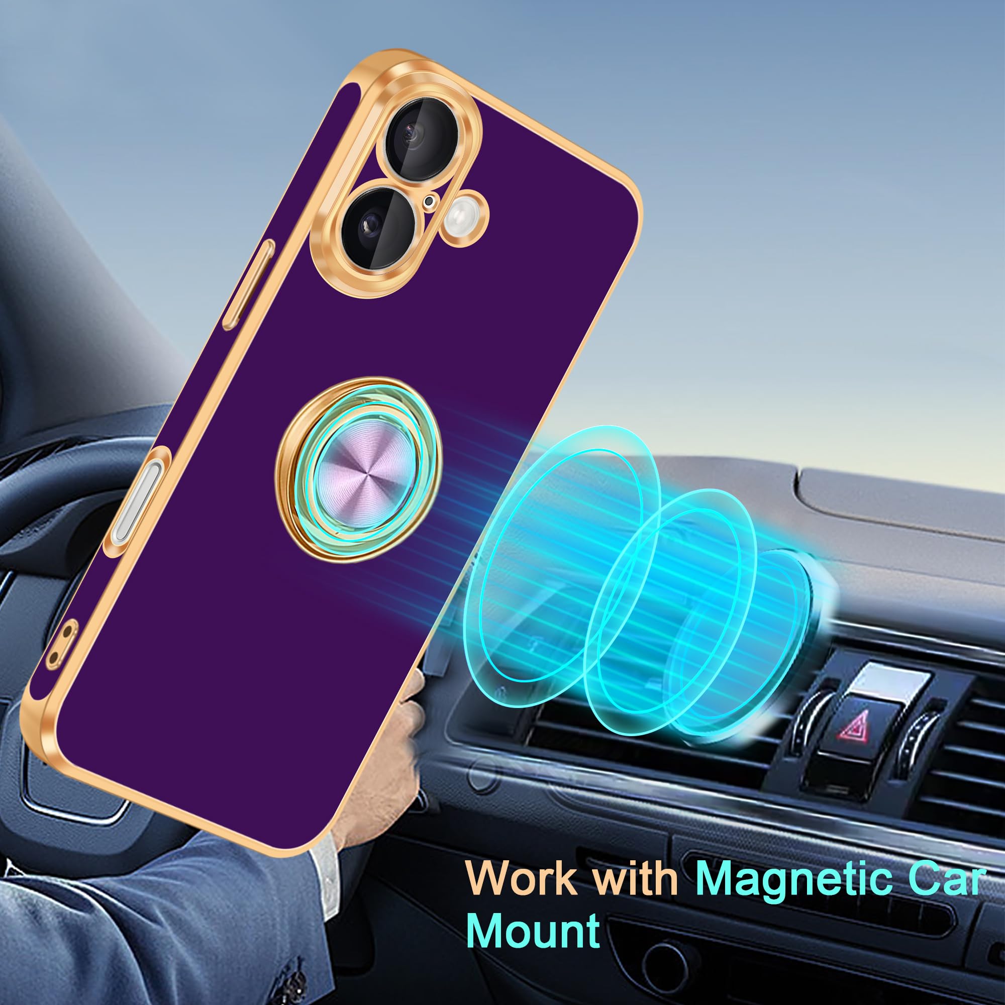 Fingic For Iphone 16 Phone Case[With 360 Ring Holder][Support Magnetic Car Mount]Cute Kickstand Slim Women Girls Nonslip Hard Pc