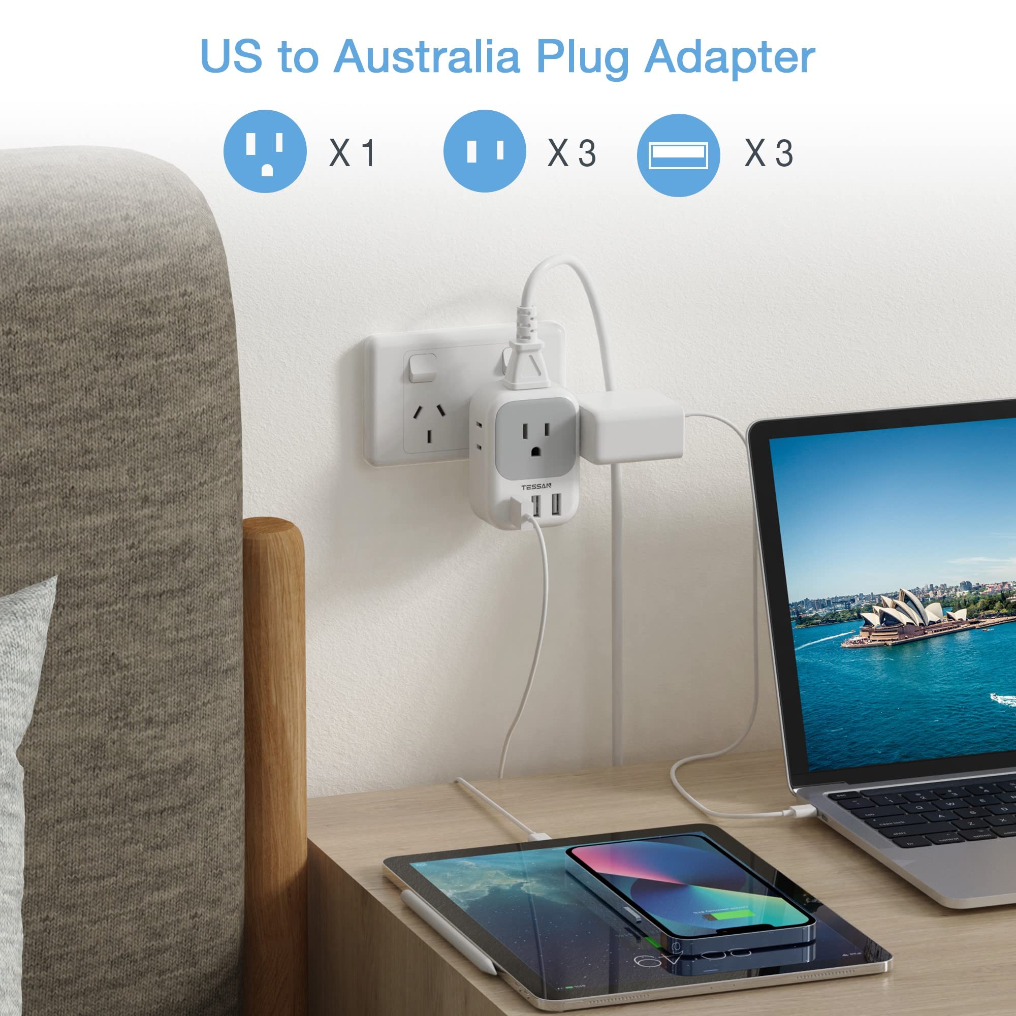 Tessan Australia Power Plug Adapter, Us To New Zealand Power Adapter With 4 American Outlets 3 Usb Charger, Type I Travel Adapto