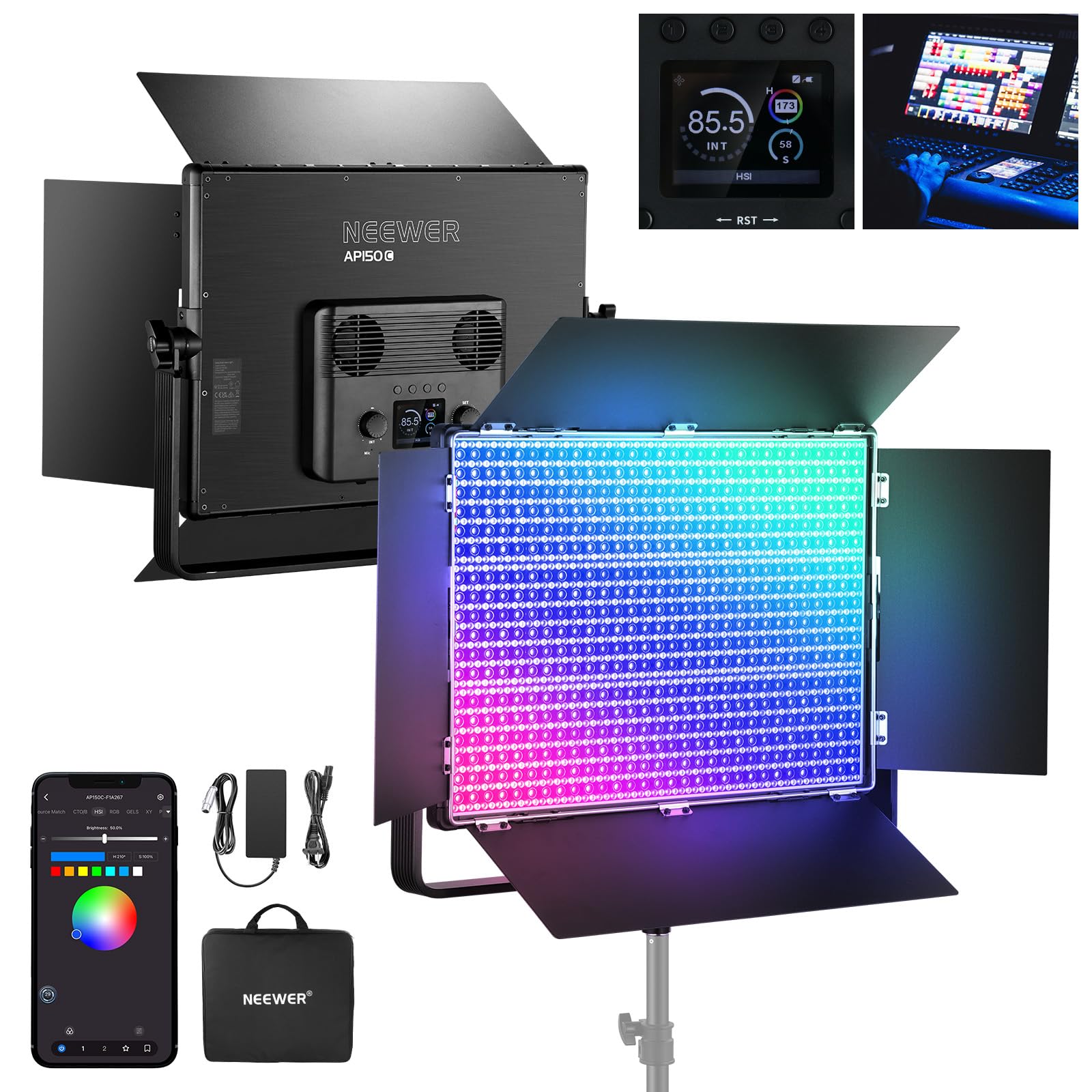 NEEWER 150W RGB LED Panel Video Light Kit with Barn Doors, 1800 LEDs 42500Lux/0.5m 2500K-10000K CRI96+/TLCI97+ 0-100% Dimming, A