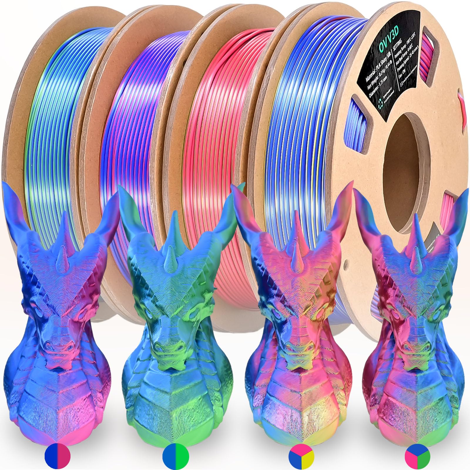 Ovv3D 3D Printer Filament, Tri Colors Pla Filament 1.75Mm, Coextrusion Silk Pla Filament, Rainbow Pla Filament With Silk Pla Blu