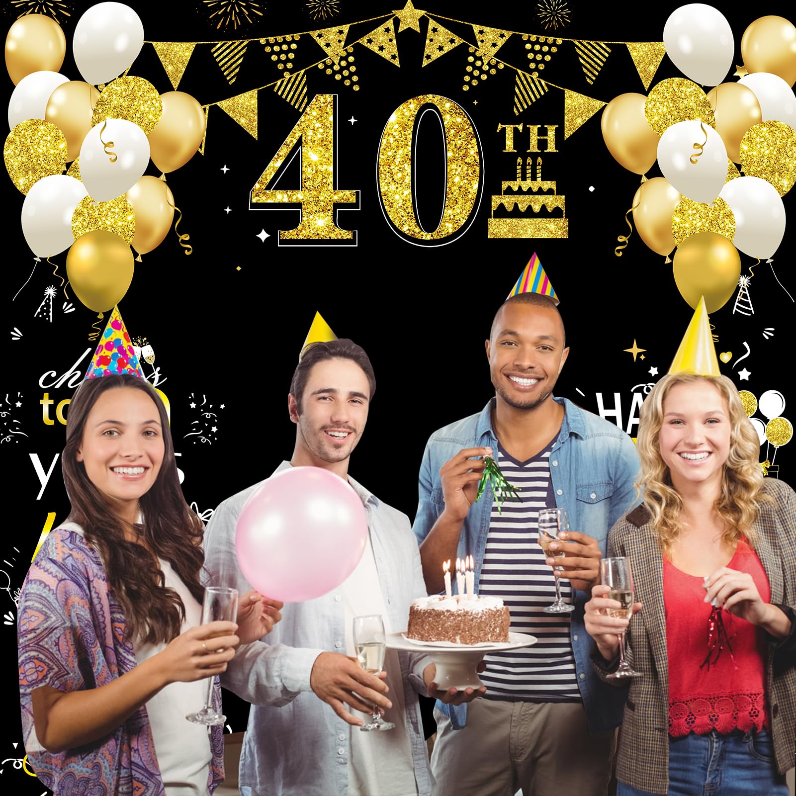 Large 40Th Birthday Decorations 40Th Birthday Photo Banner For Men Women, Black Gold Funny Cheers To 40 Years Birthday Party Sup