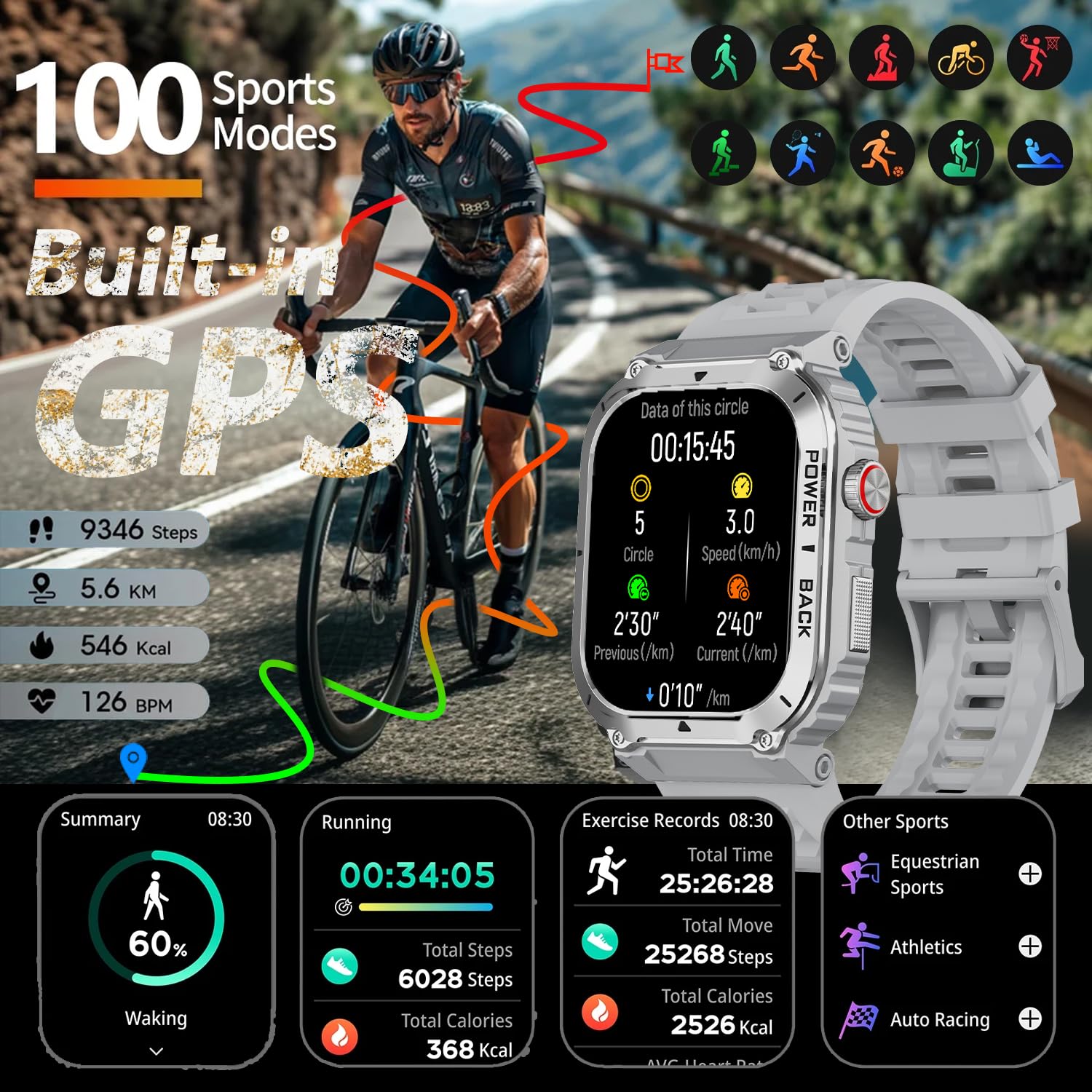 Military Gps Smart Watch For Men Pressure/Altitude/Compass,Fitness Smart Watch For Android Phones And Iphone,Outdoor Waterproof