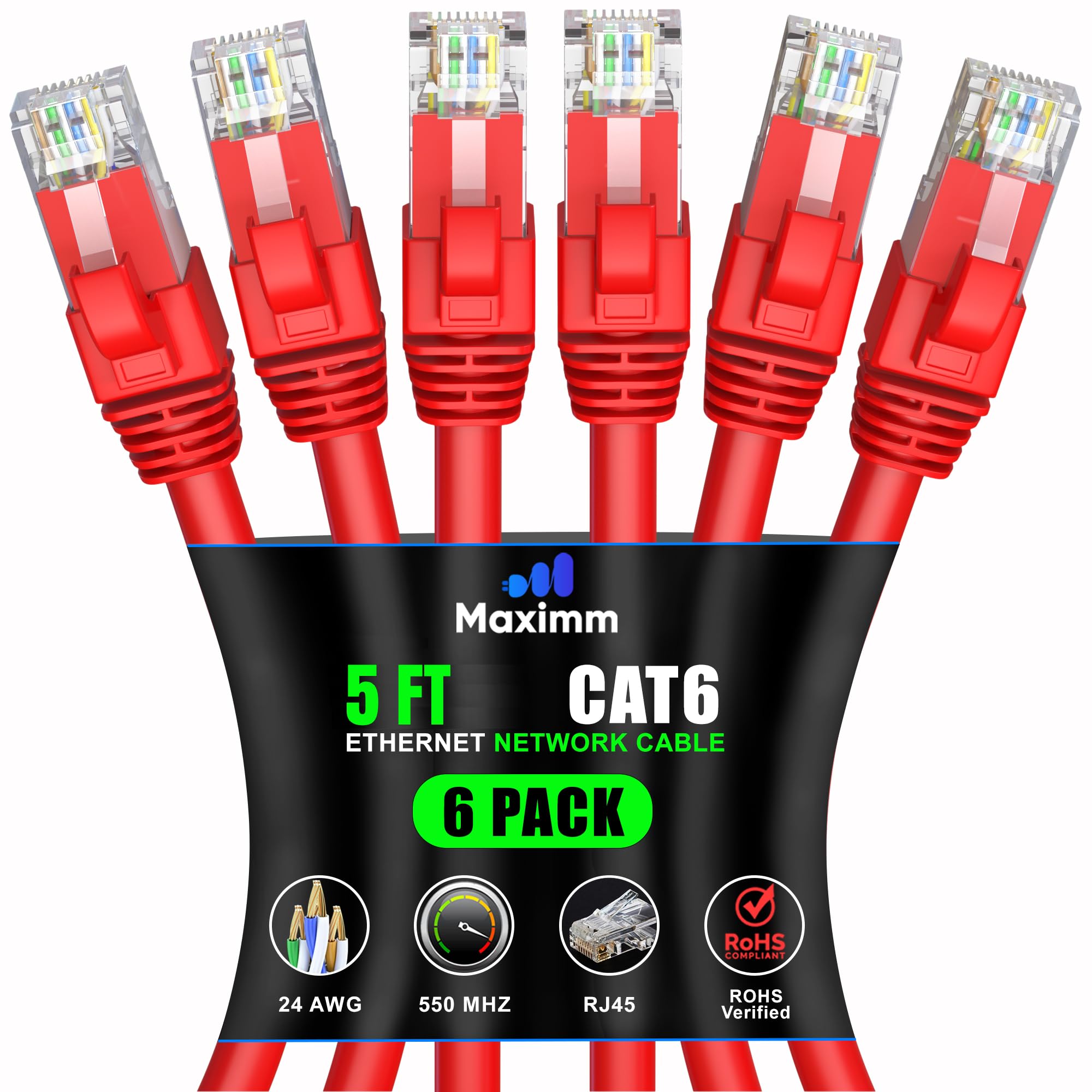Maximm Cat 6 Ethernet Cable 5 Ft (6 Pack)   High Speed Lan Cable, Internet Cable, Patch Cable, And Network Cable   Utp, 10Gbps, 550Mhz Ethernet Cord   Red