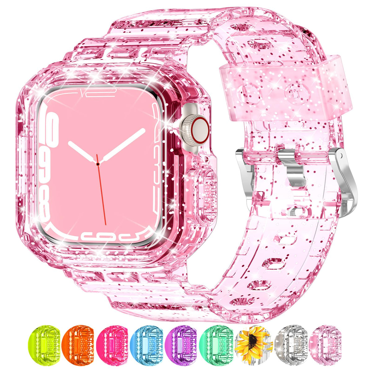 Xyf Compatible For Crystal Clear Apple Watch Bands, 45Mm 44Mm 42Mm 41Mm 40Mm 38Mm Bumper Case For Men Women Jelly Case Band For Iwatch Ultra 2/1 Series 9 8 7 Se/6 5 4 3 2 1 (Glitterpink, 42/44/45Mm)