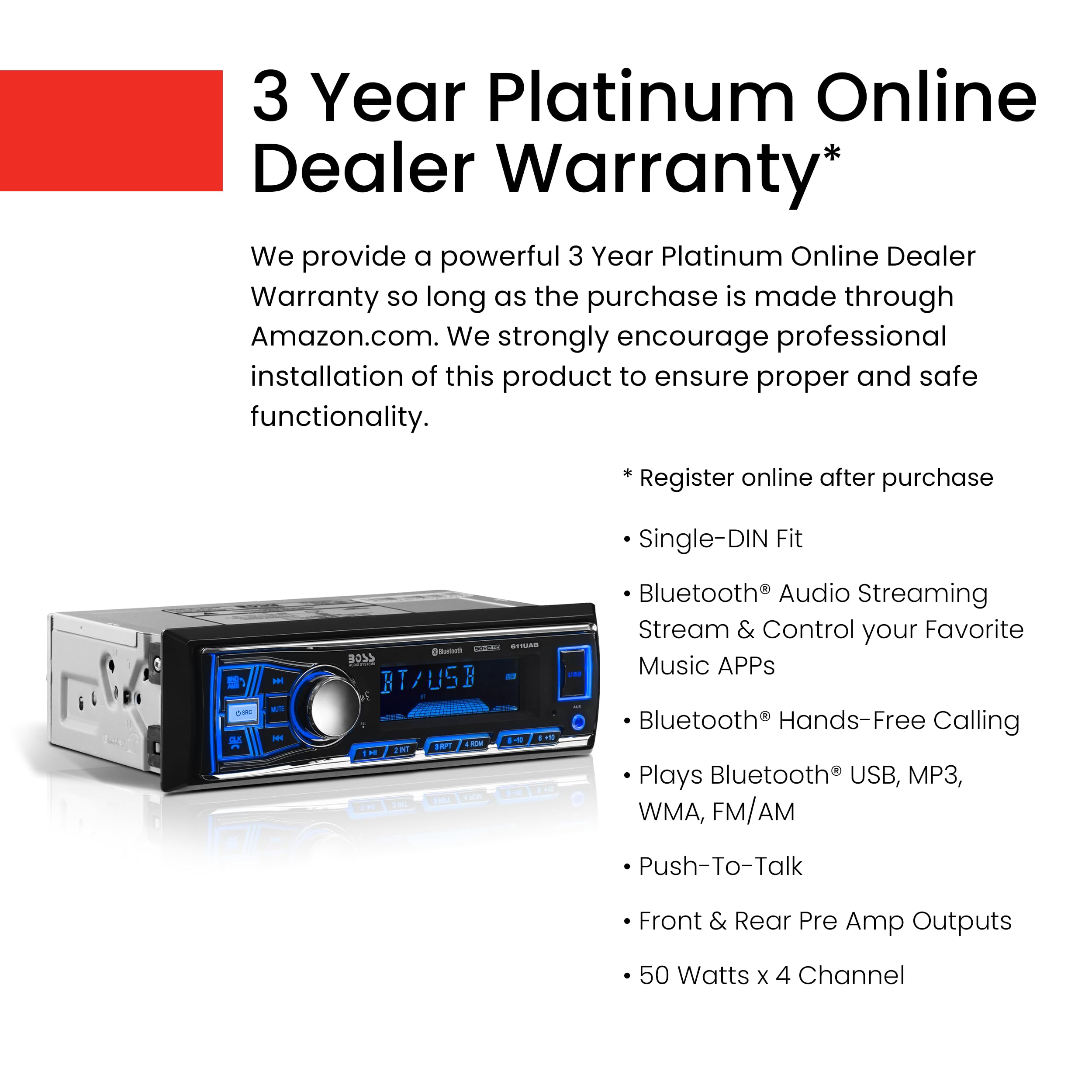 Boss Audio Systems 611Uab Car Stereo System   Single Din, Bluetooth Audio And Calling Head Unit, Aux Input, Usb, Mechless, No Cd