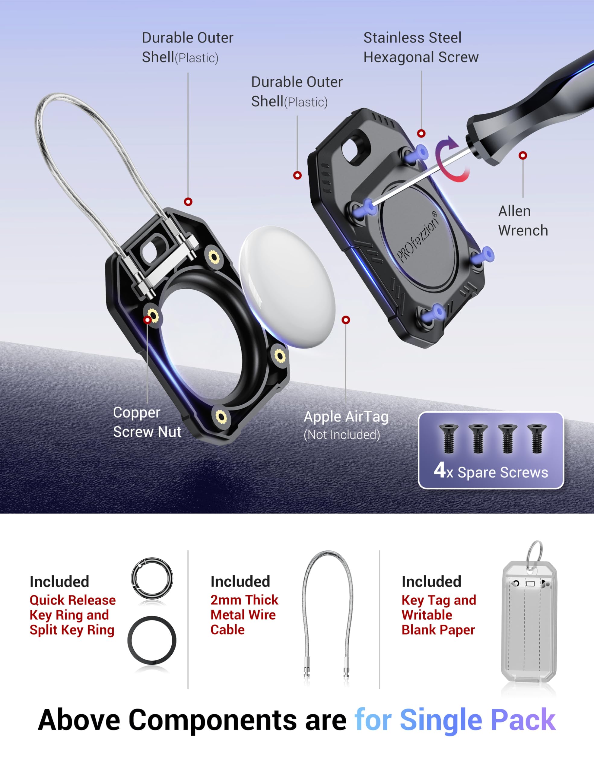 Profezzion 4 Pack 2 In 1 Secure Airtag Holder Hard Shell Case With Key Rings, Key Tag, Metal Wire Cable, Allen Wrench And Spare