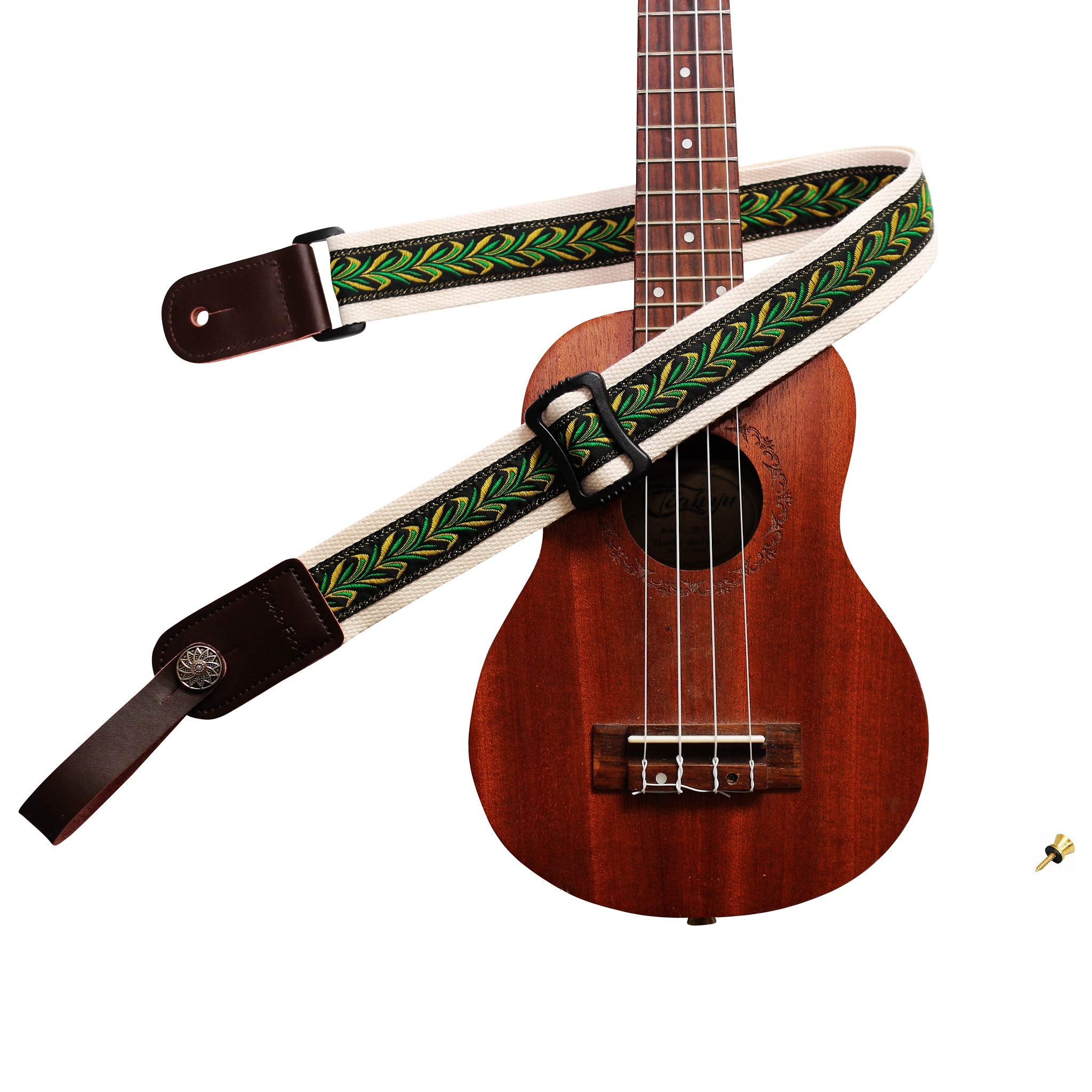 MUSIC FIRST Original Design Vintage Green Label Soft Meshbelt & Genuine Leather Ukulele Strap Ukulele Shoulder Strap With a Genu