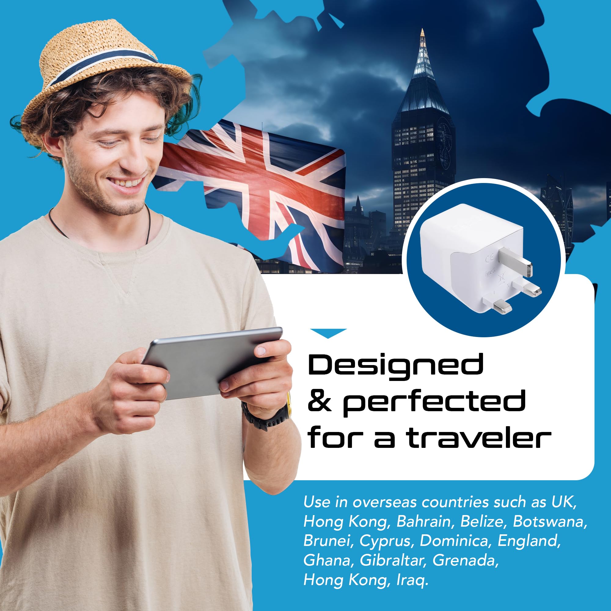 Ceptics London, Hong Kong, Ireland Travel Adapter Plug   With Dual Usb + Usa Input   Type G   Ultra Compact   Safe Grounded Perf