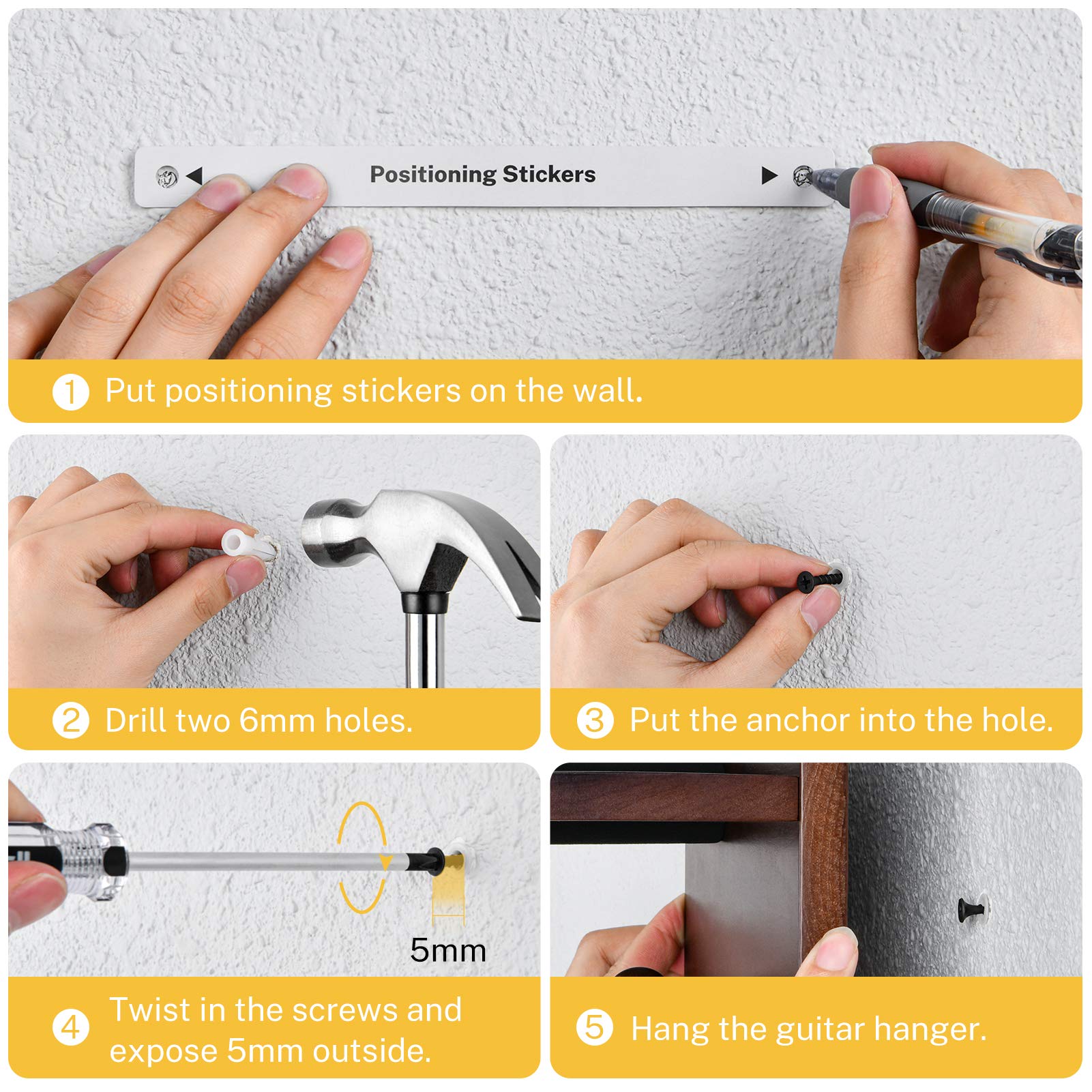 Donner Guitar Wall Mount Shelf, Guitar Wall Hanger With Storage Shelf, Pick Holder And 2 Hook, Guitar Wood Hanging Rack For Elec