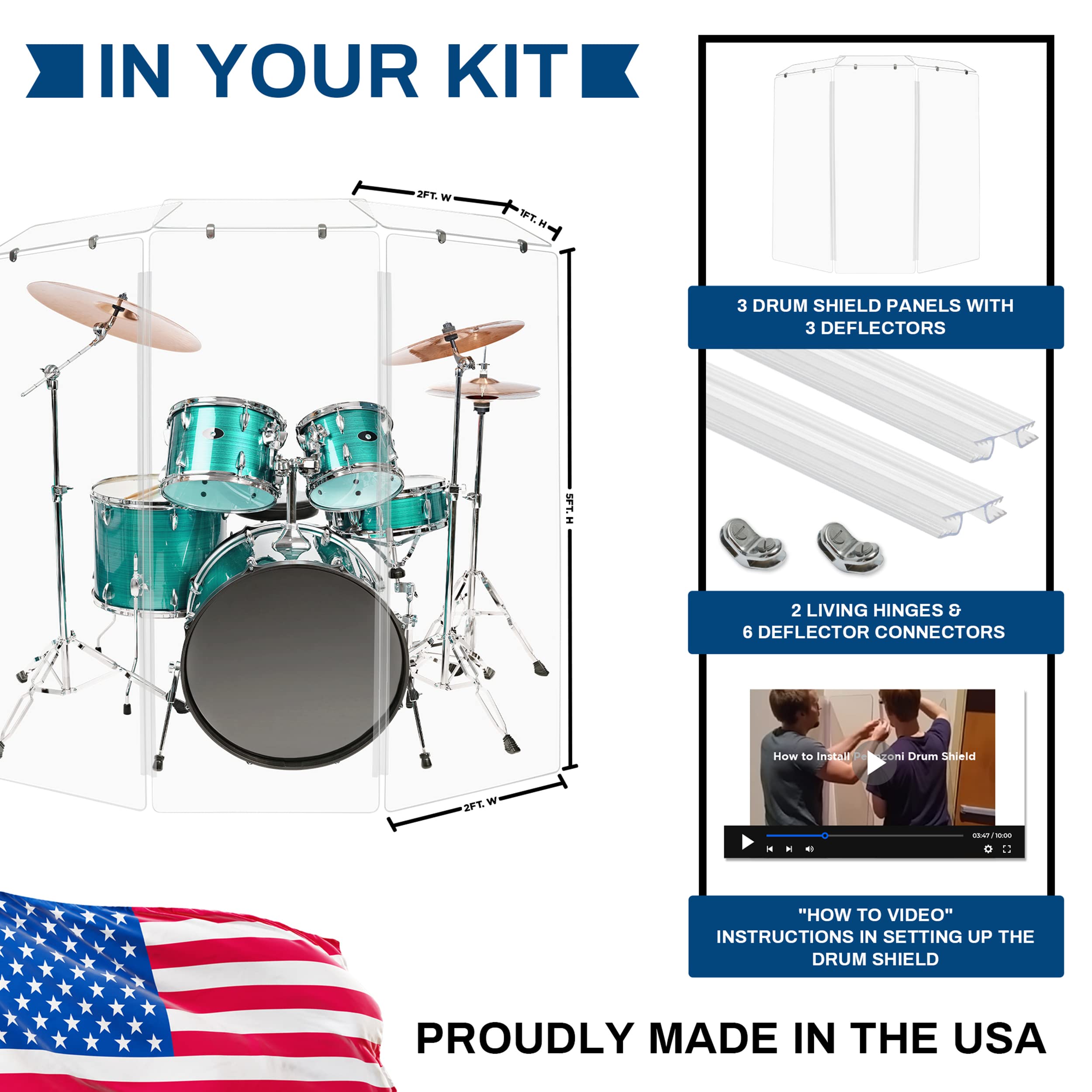 Pennzoni Drum Shield 5Ft W/Deflectors & Plastic Hinges, Comes W/ 3 Drum Panels, Plastic Hinges & Deflector Connectors, Premium C