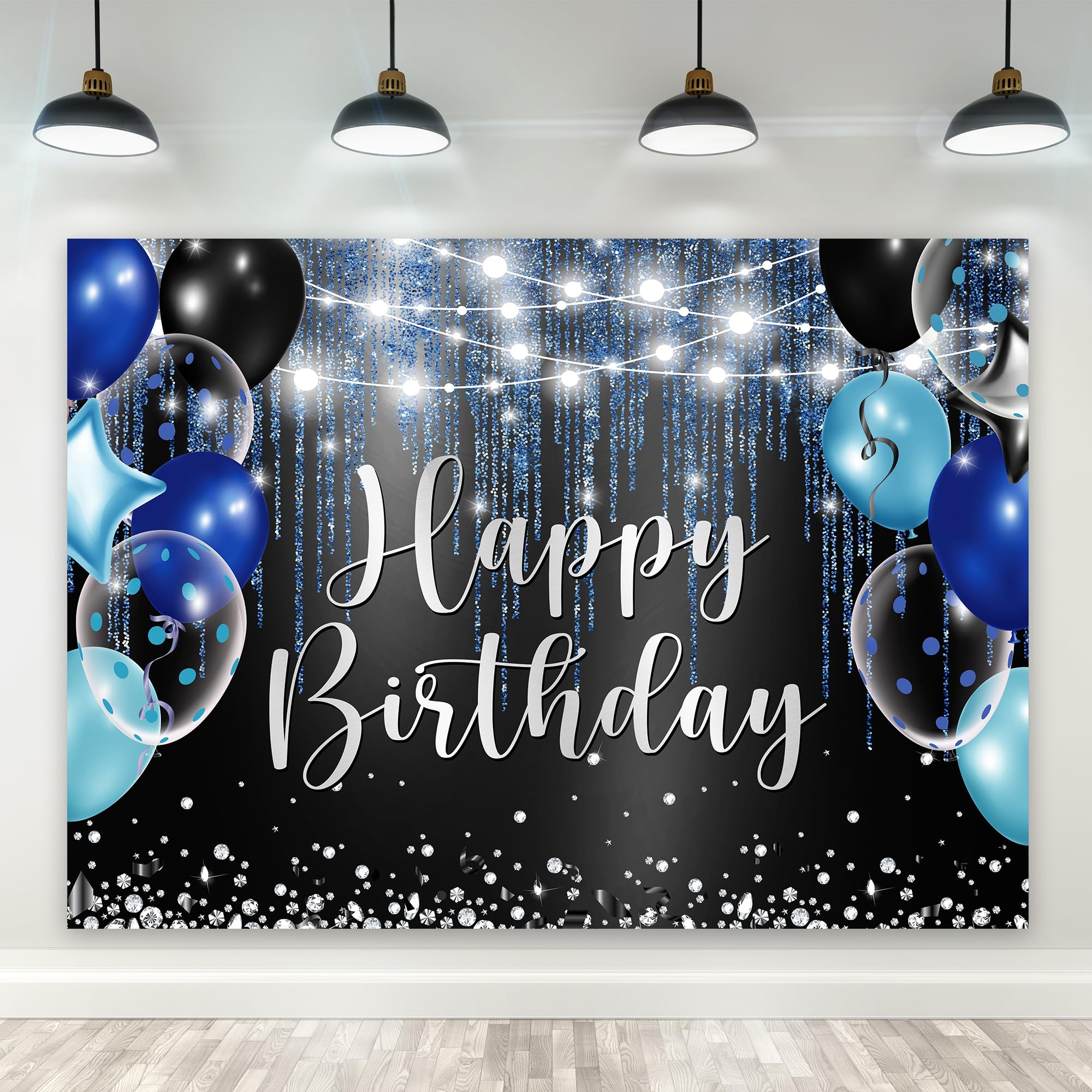 Riyidecor Royal Navy Blue Black Happy Birthday Backdrop For Men Boys 7Wx5H Feet Polyester Fabric Modern Balloons Diamonds Sparkl