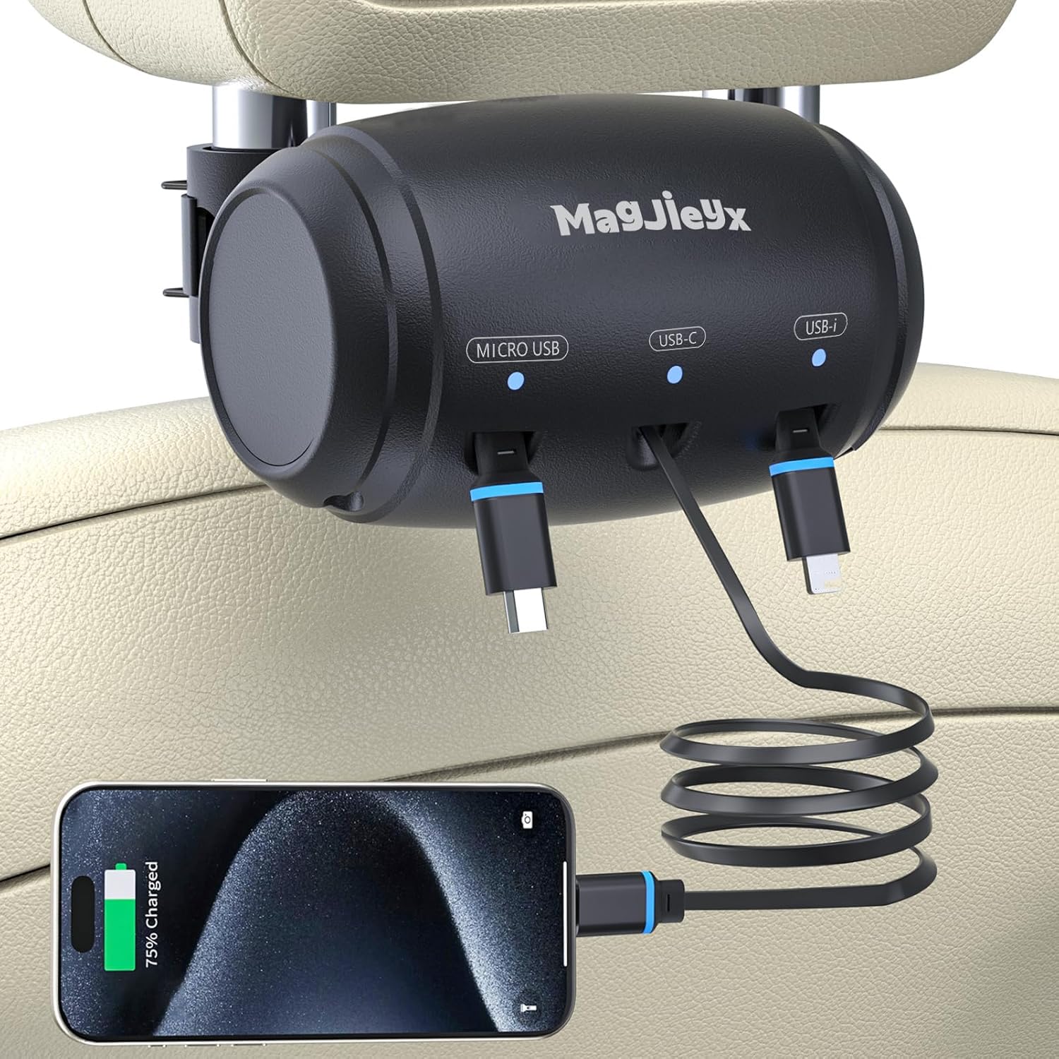 MAGJIEYX Multi Retractable Car Charging Station Box, 3 in 1 Headrest Fast Power Charging Dock Cord USB Type C Fits iPhone 16/15/