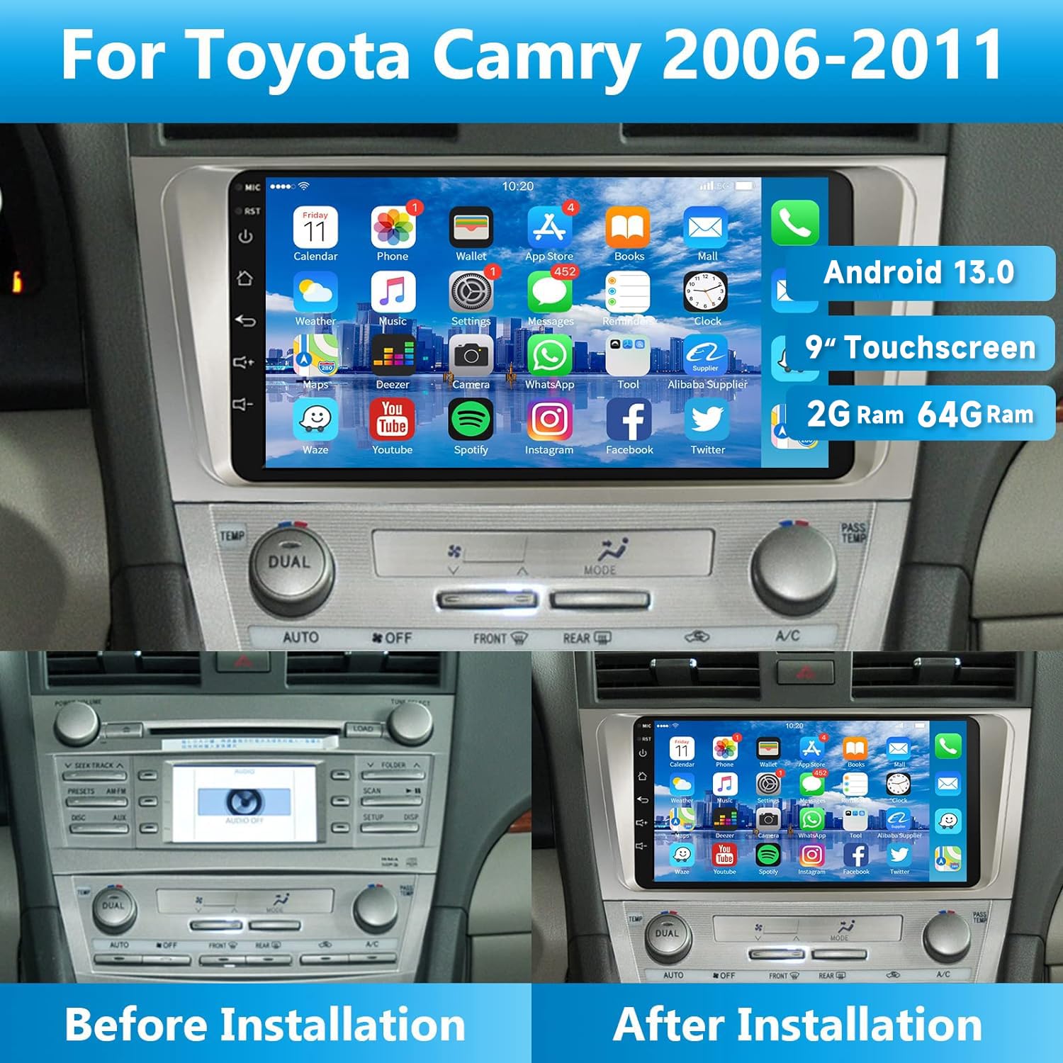 2G+64G For Toyota Camry 2006 2007 2008 2009 2010 2011 Android 13 Car Stereo For Toyota Camry, 9 Inch Hd Touch Screen Car Radio W