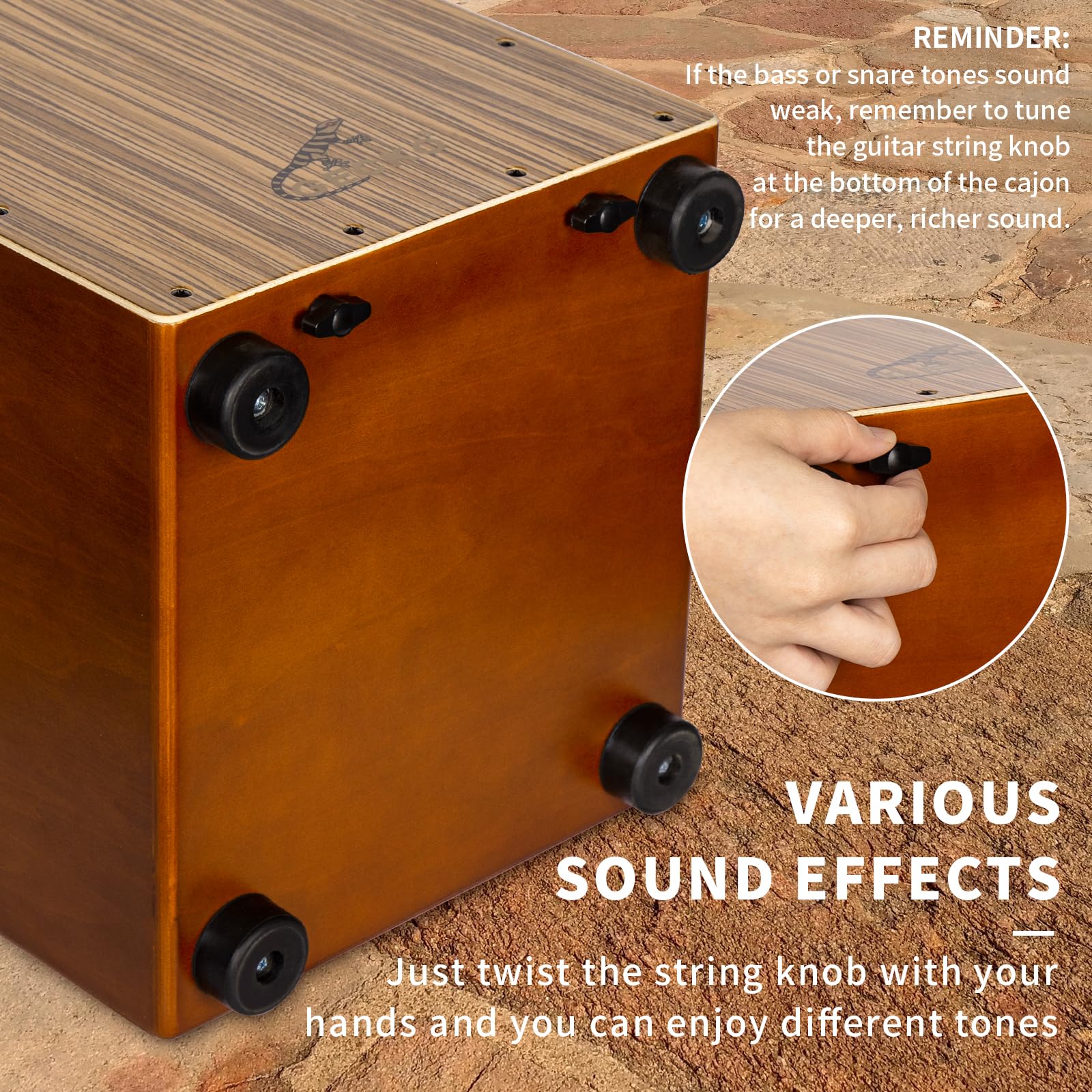 Gecko Cajon Drum Box With Snare And Bass Tone For Acoustic Music, Percussion Instrument With Internal Adjustable Guitar Strings
