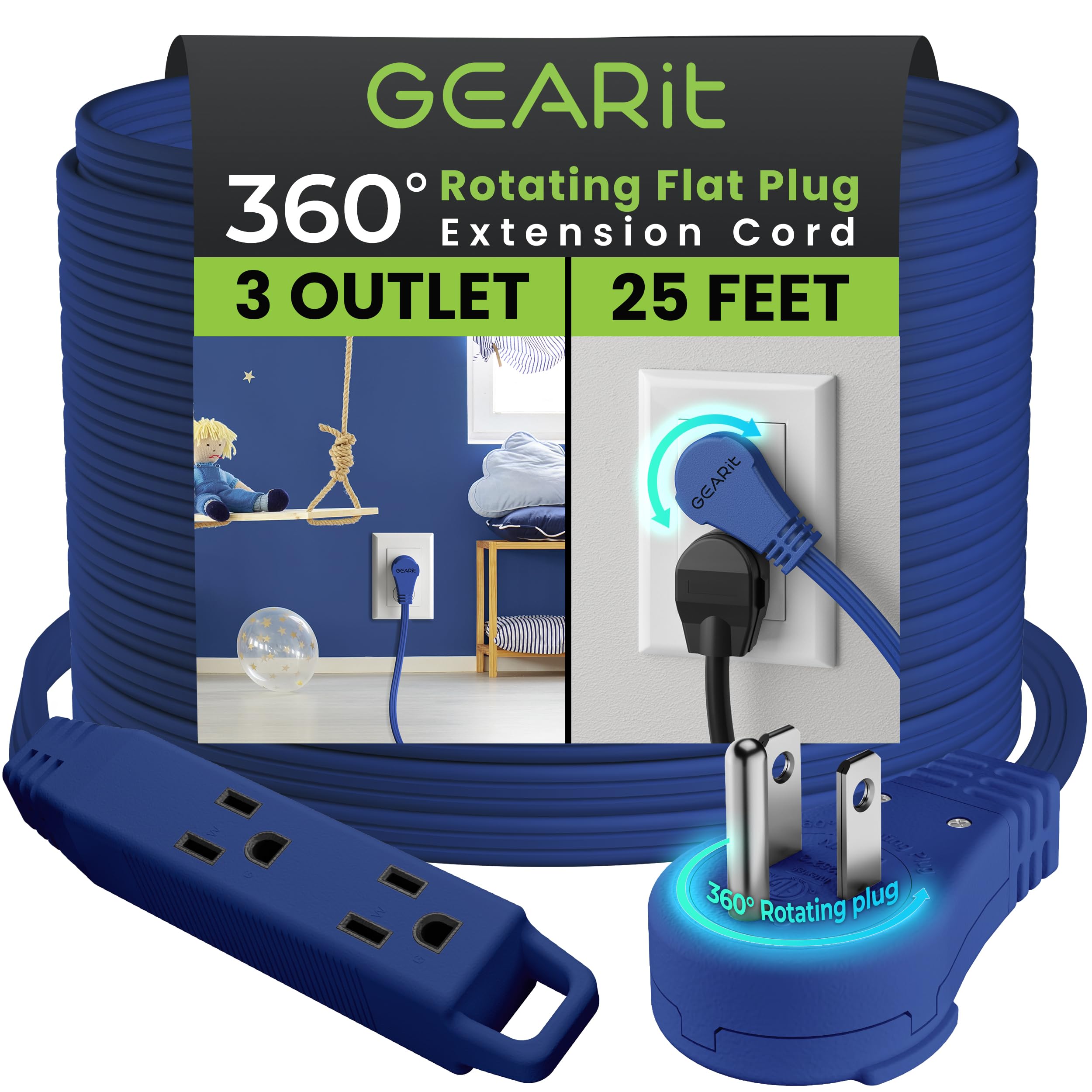 Gearit 360 Rotating Flat Plug Extension Cord With 3 Outlets (25Ft, Navy) 16Awg/13A 3 Prong Wire, Outlet Saver For Home Office Do