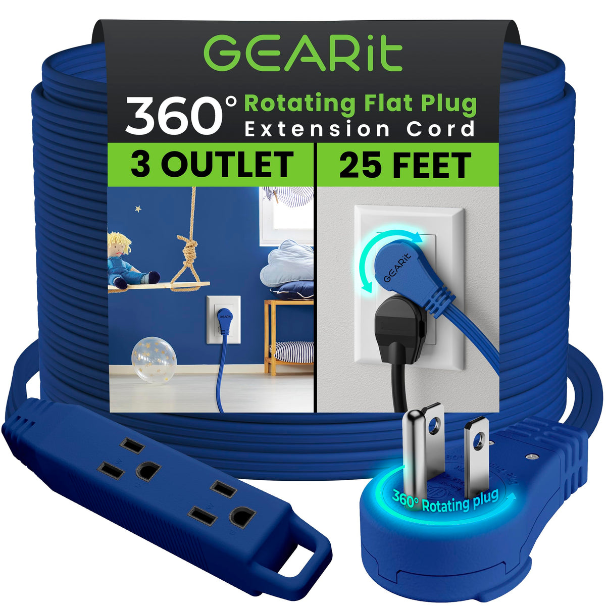 Gearit 360 Rotating Flat Plug Extension Cord With 3 Outlets (25Ft, Navy) 16Awg/13A 3 Prong Wire, Outlet Saver For Home Office Do