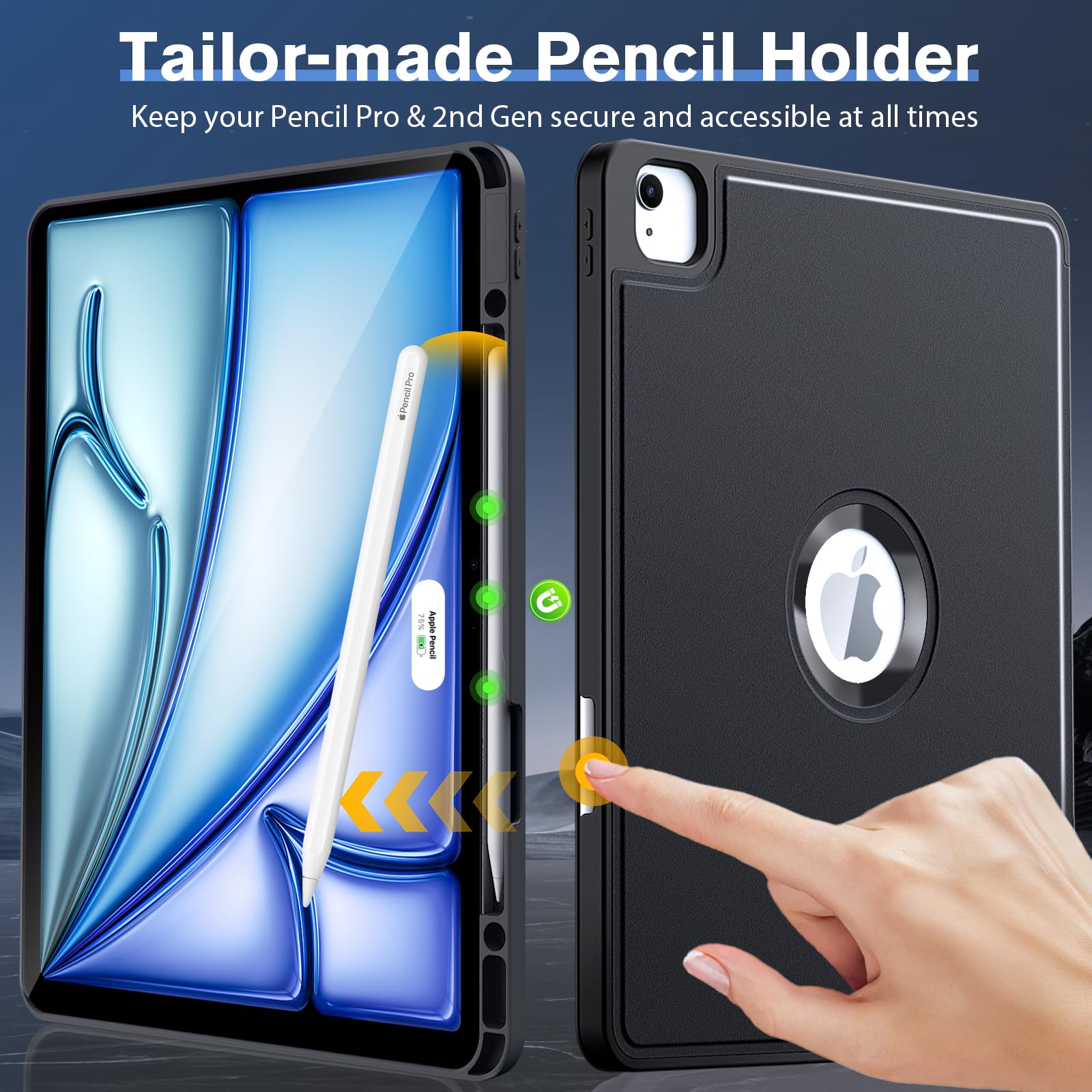 MoKo for iPad Air 13 Inch Case M2 2024/ iPad Pro 12.9 Case (6th/5th Gen 2022/2021) with Pencil Holder, Smart Protective Cover for iPad Air 13 inch with Back Trifold Stand, Auto Wake/Sleep, Black