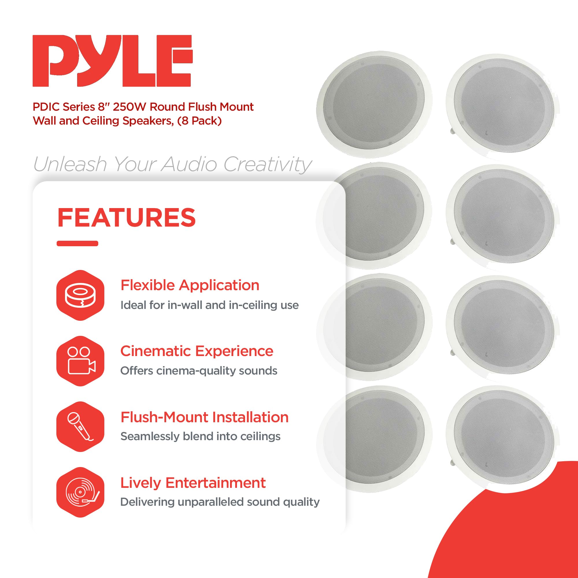 Pyle Pdic Series 8 Inch 250 Watts 4.8 Ohms Round Flush Mount Wall And Ceiling Home Speakers With Directable 0.5 Inch Polymer Dom