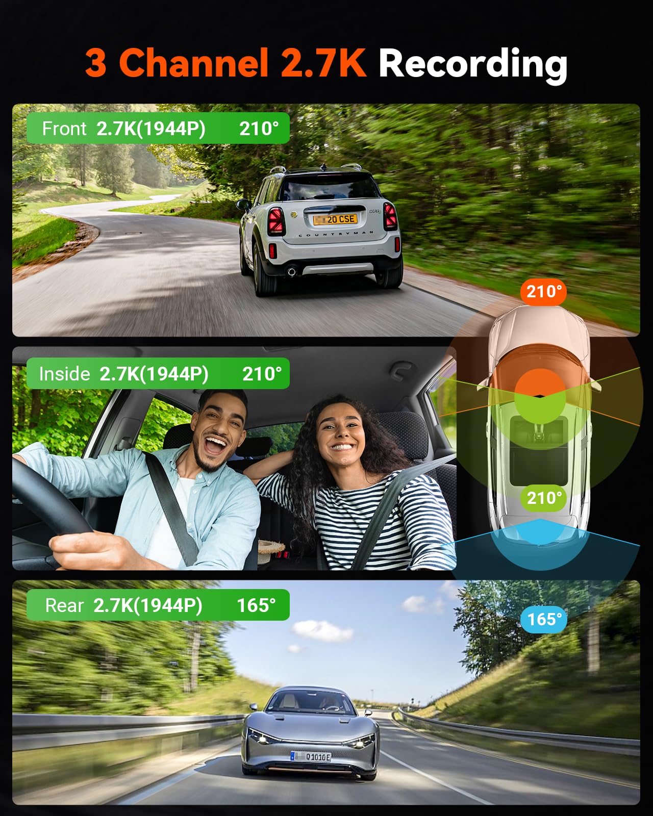 Vantrue E360 Plus 3 Channel 360 Degree Wifi Dash Cam, Dual Starvis 2, Triple1944P Front Rear And Inside Dashcam, Hdr Ir Night Vi