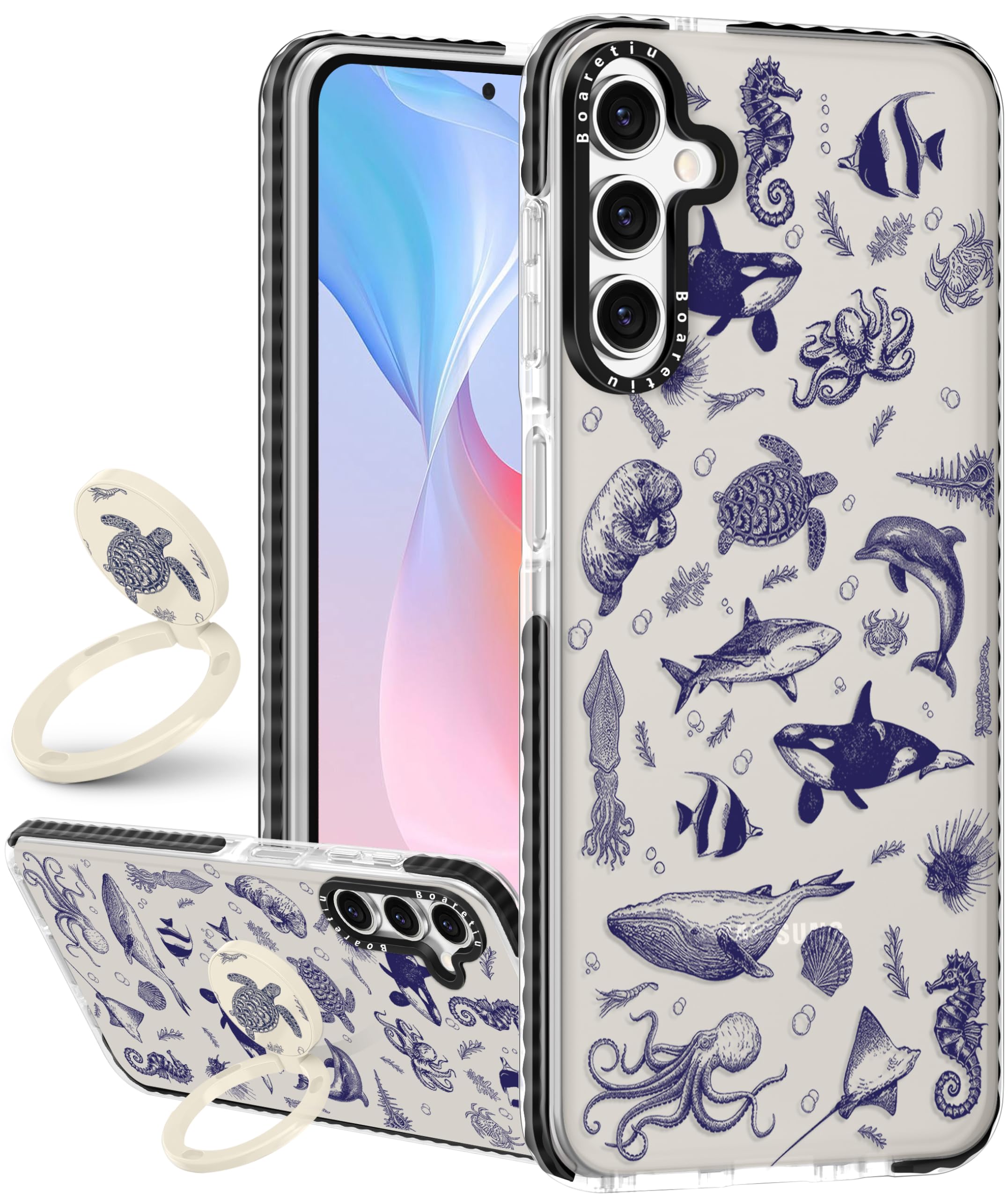 Boaretiu Cute Kawaii for Samsung Galaxy S25 Plus Case with Stand - Fashion Cool 360 Rotate Ring Holder Kickstand Sea Fish for Wo