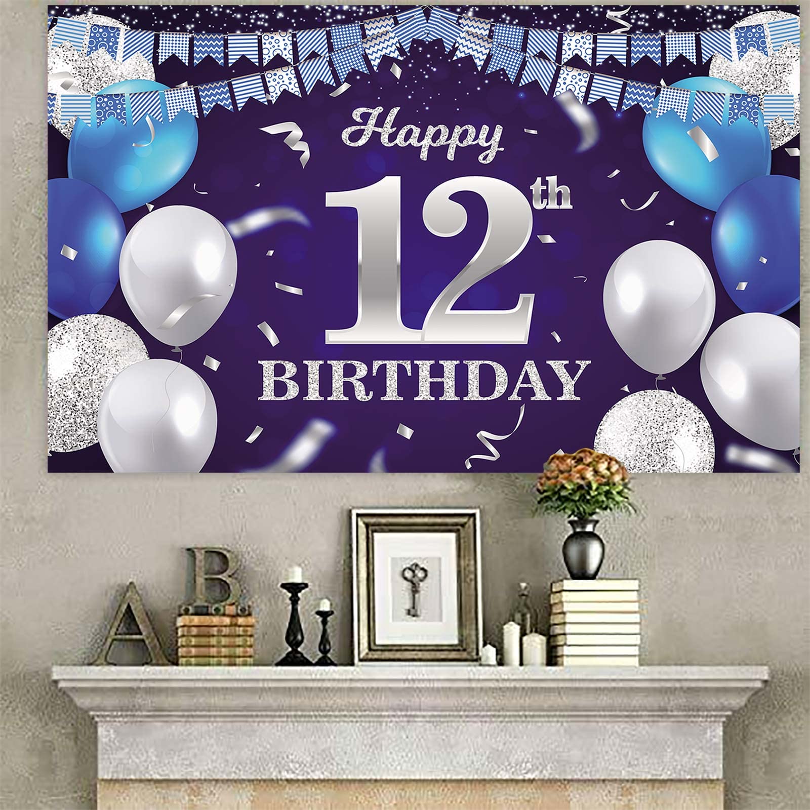 Happy 12Th Birthday Banner Backdrop Navy Blue Balloons Confetti Stripe Flag Light Spots Cheers To 12 Years Old Theme Decorations