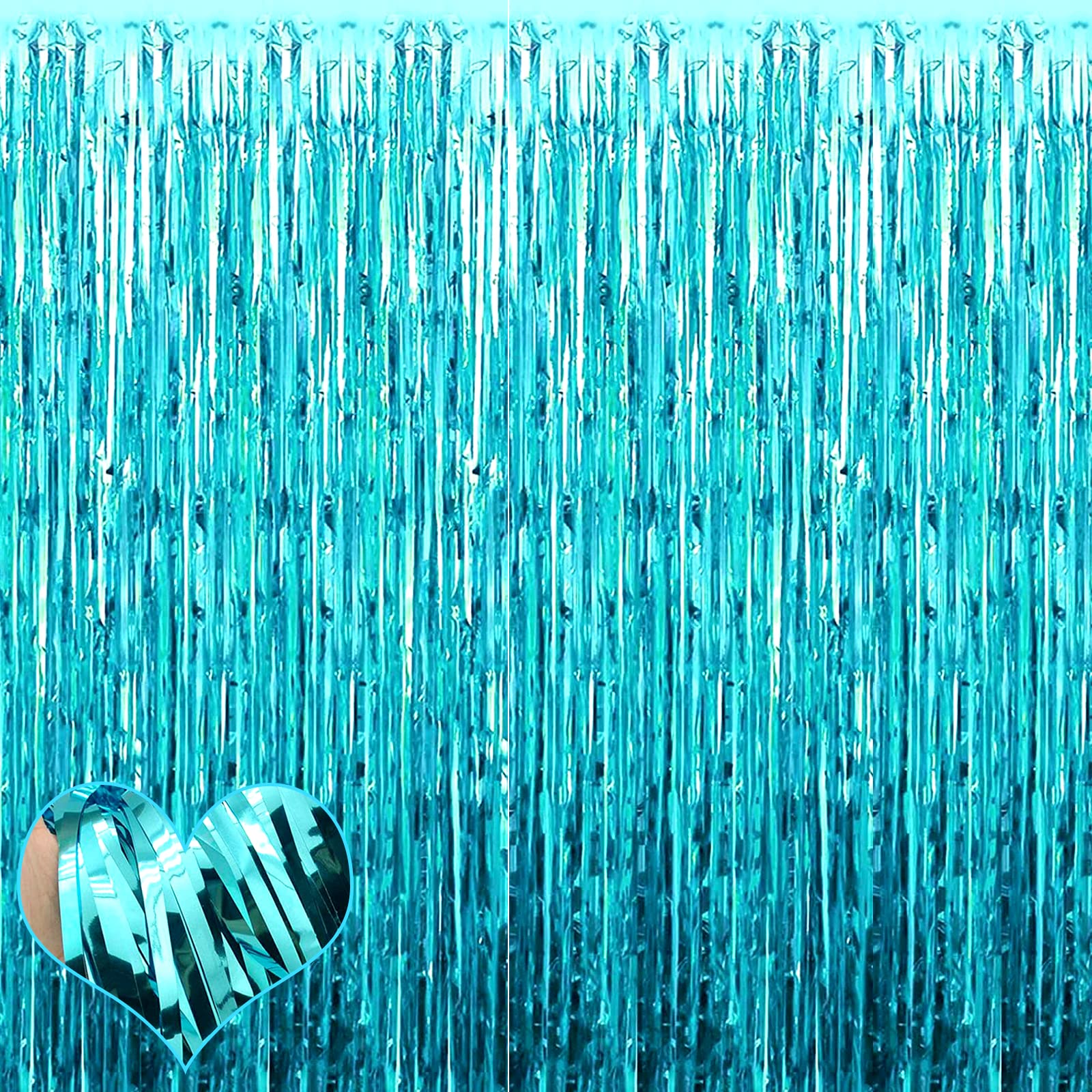 4 Pack Lake Blue Fringe Curtain Backdrop, 3.2Ft X 6.6Ft Metallic Tinsel Foil Fringe Streamers Curtains Background For Photo Boot