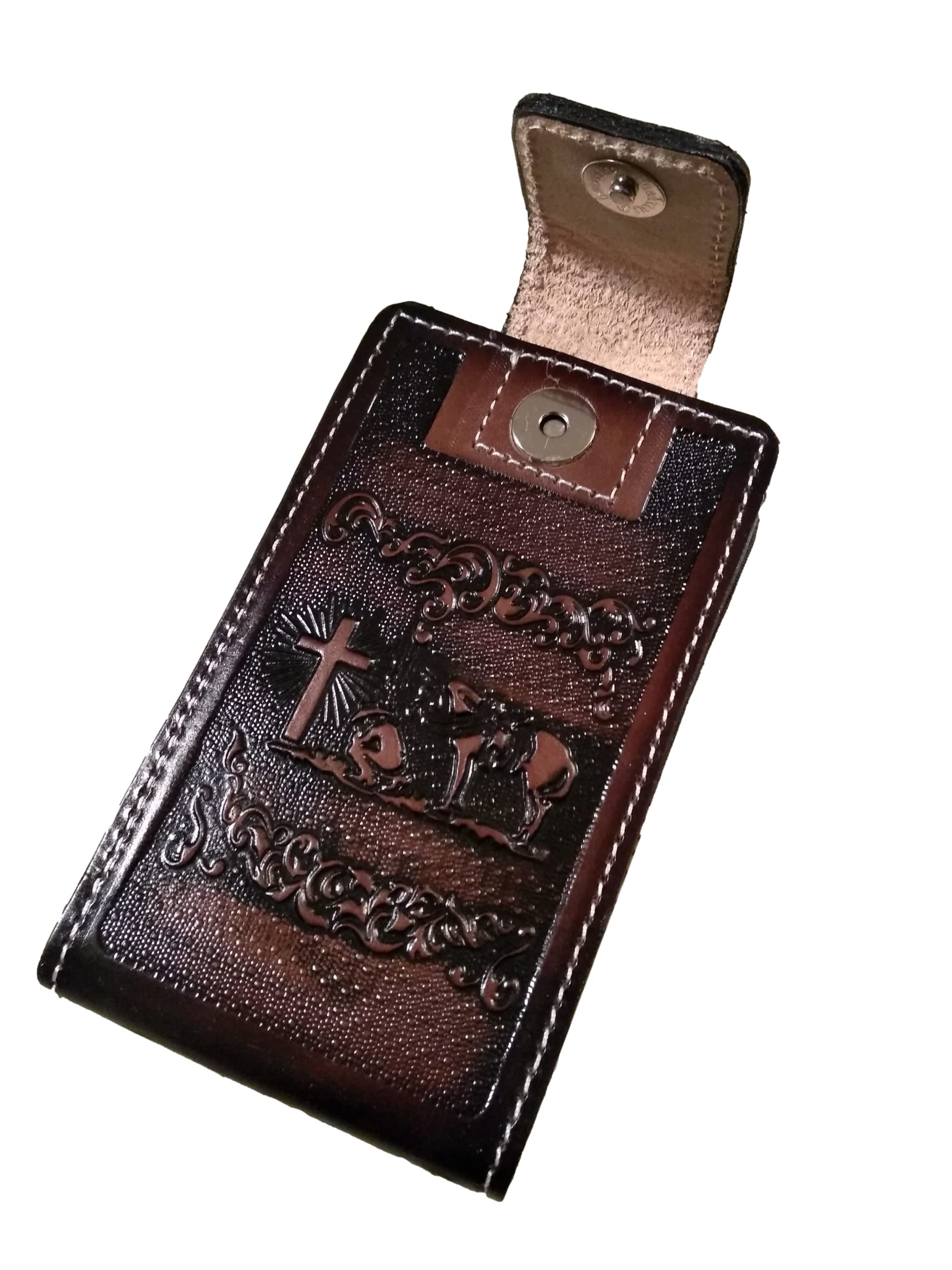 Western Autentic Tooled Leather Mexican Cell Phone Case For Belt. Men And Horse Pray Design. With Magnetic Closure. Universal Si