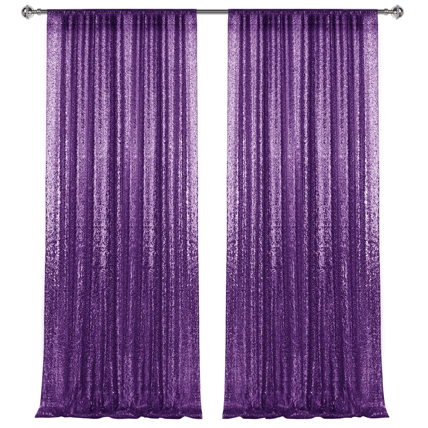 2  8Ft 2Pcs Purple Sequin Backdrop Curtains Panels, Photography Backdrop Glitter Curtains Fabric Background For Christmas Weddin