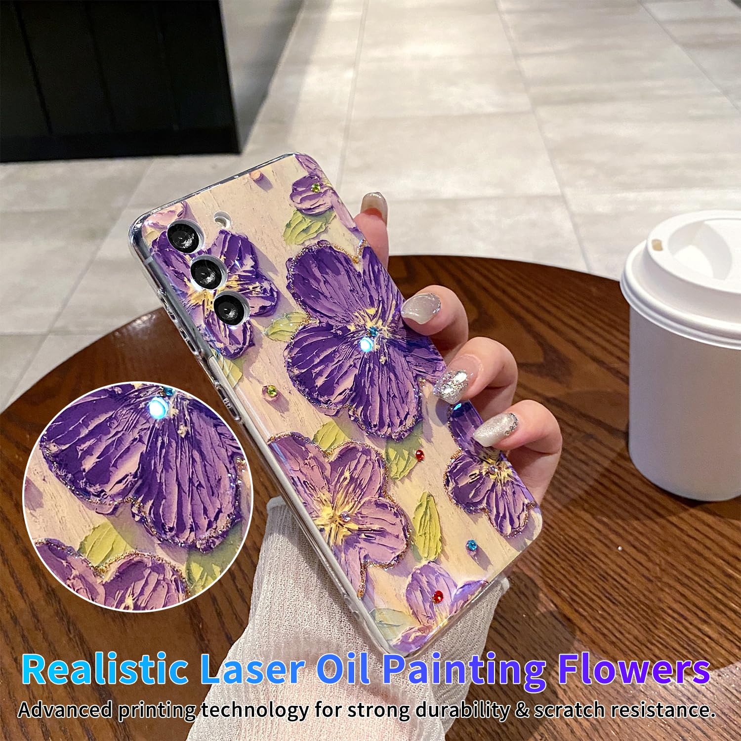 Leleyun Case For Samsung Galaxy A03S, Retro Oil Painting Printed Flower Cute Pattern With Glitter Gem Phone Cover Durable Tpu Sh