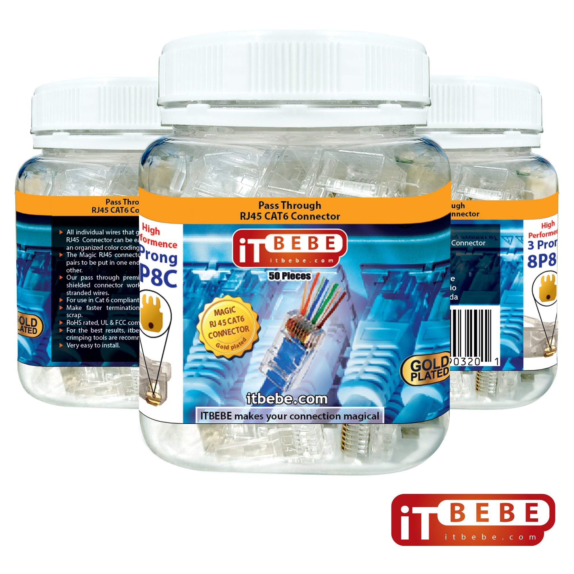 Itbebe 50 Pieces Rj45 Cat6 Pass Through Connectors   Gold Plated Transparent Passthrough Ethernet Insert Crimp Connector Utp Net