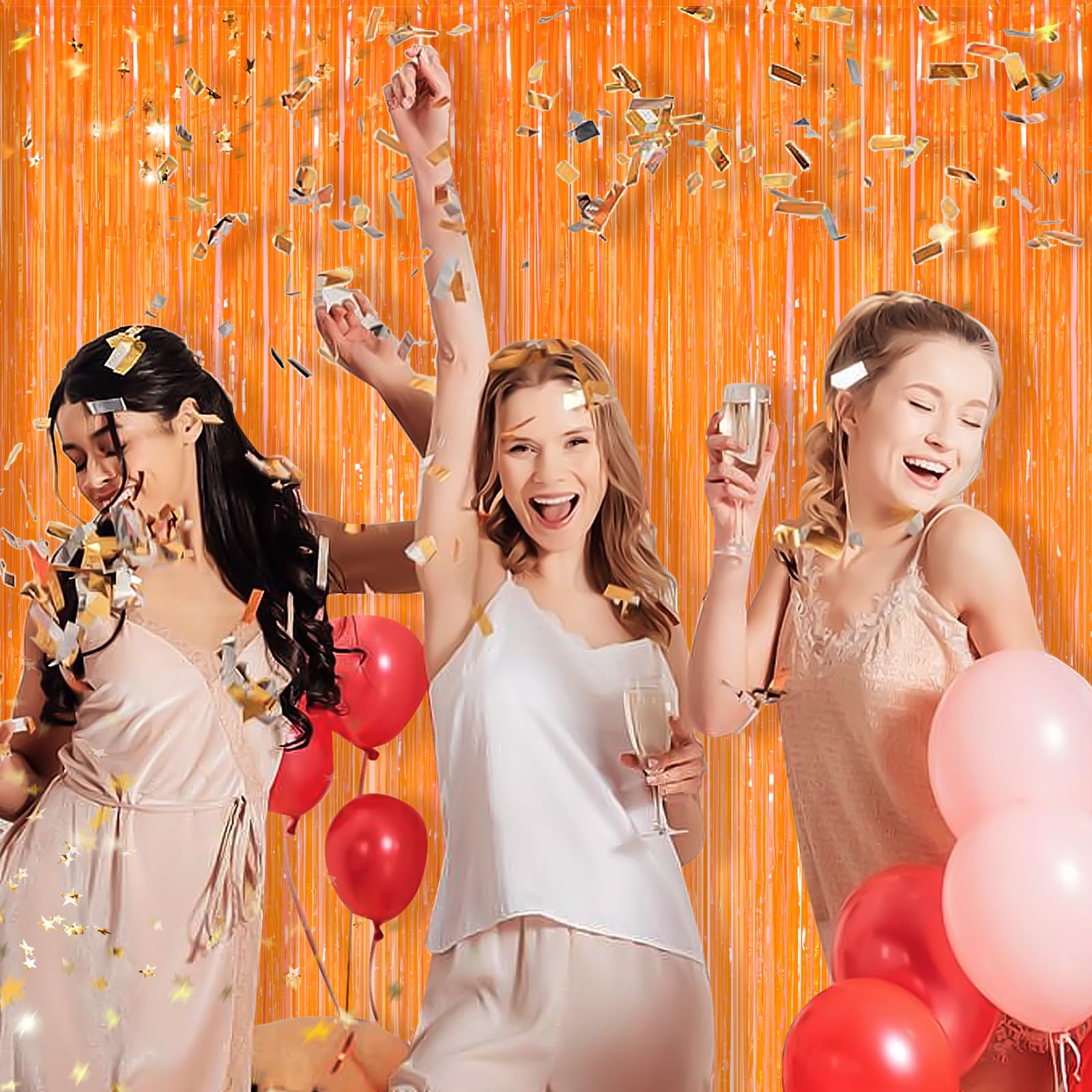 Orange Metallic Tinsel Foil Fringe Curtains, 2 Pack 3.3X8.3 Feet Party Streamer For Birthday Party Decorations, Halloween Decor,