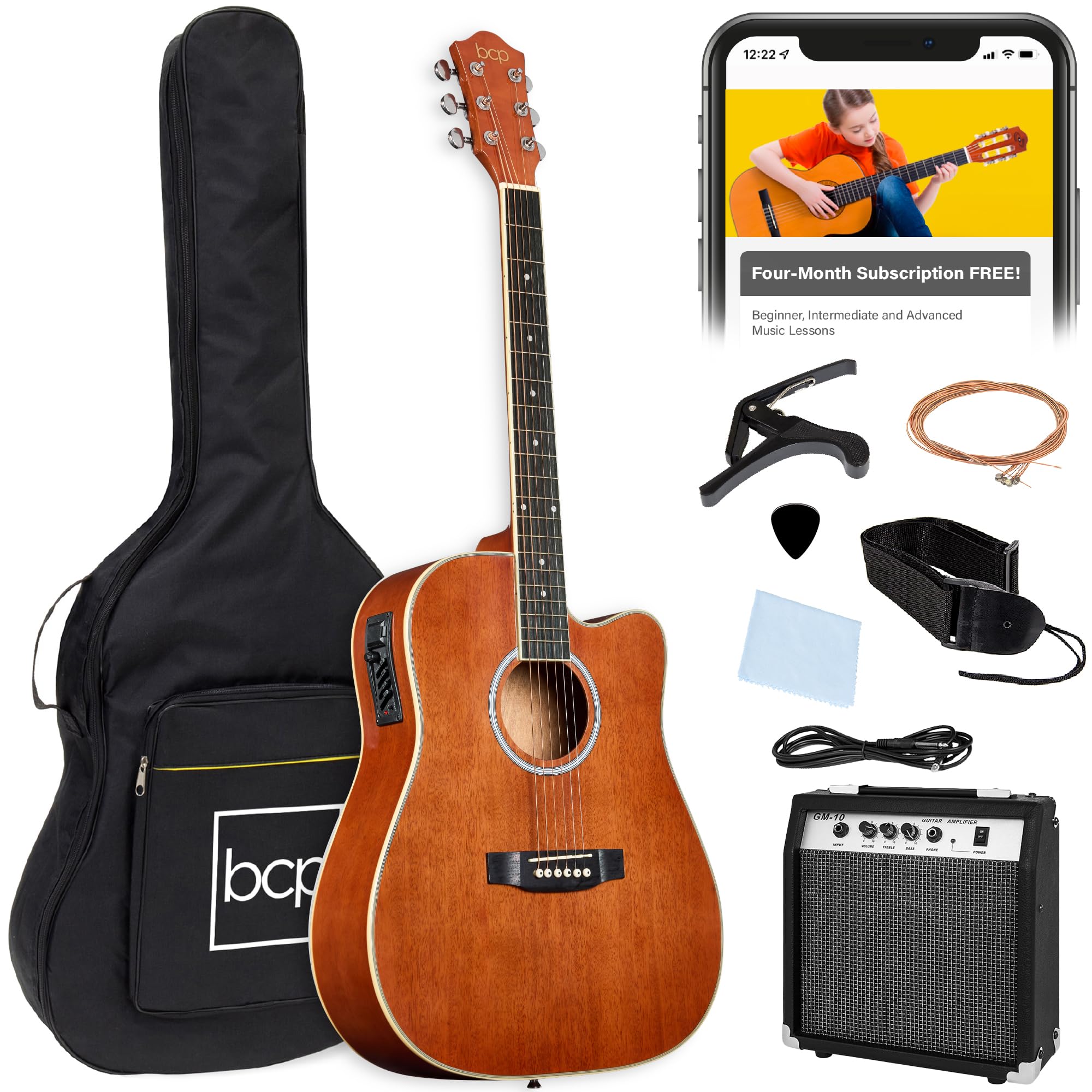 Best Choice Products Beginner Acoustic Electric Guitar Starter Set w/ 41in, All Wood Cutaway Design, Gig Bag, Strap, Picks - Nat