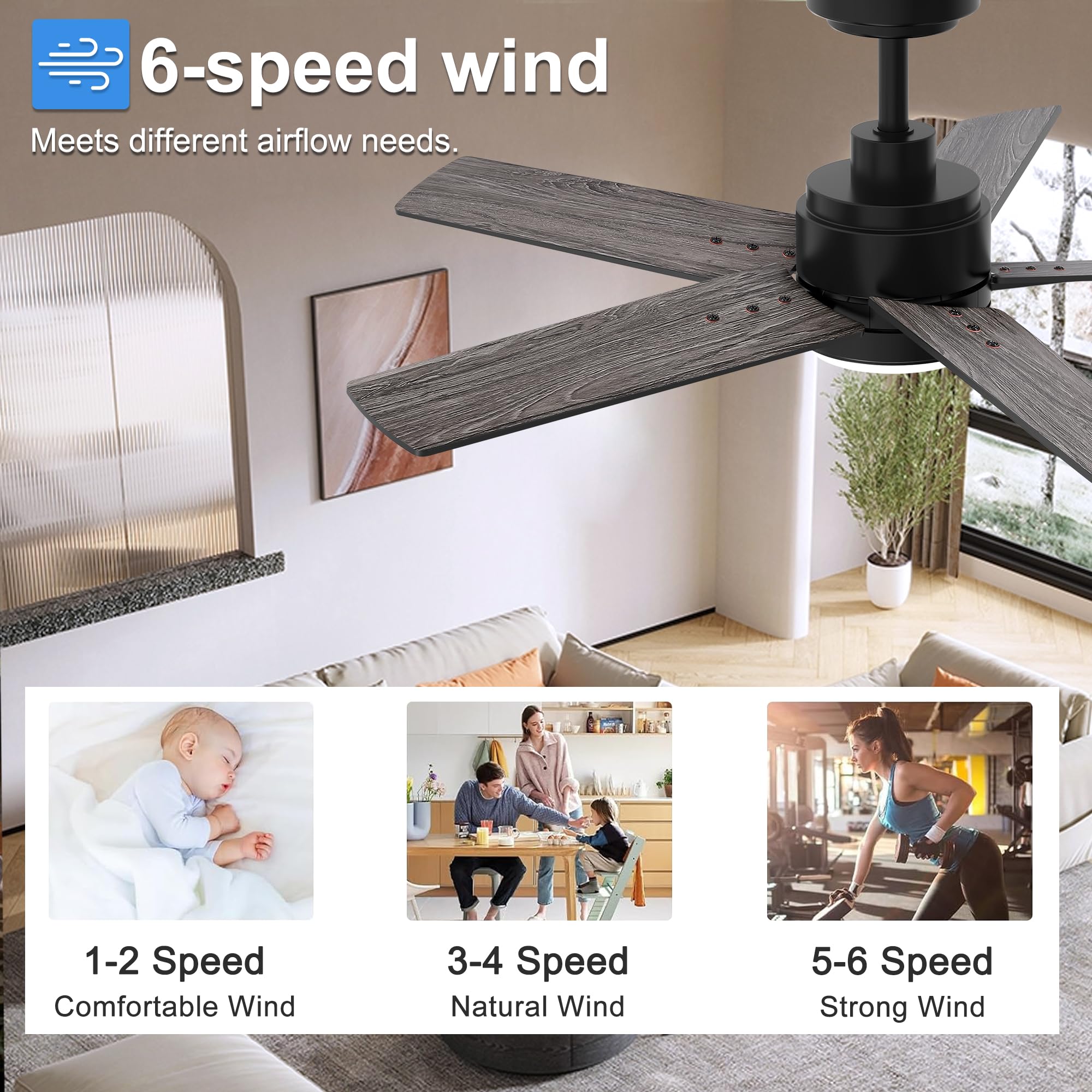 42 Inch Black Ceiling Fan With Light And Remote Control. Dimmable 3 Color Temperatures Led Ceiling Fan. 6 Speeds Reversible Dc M