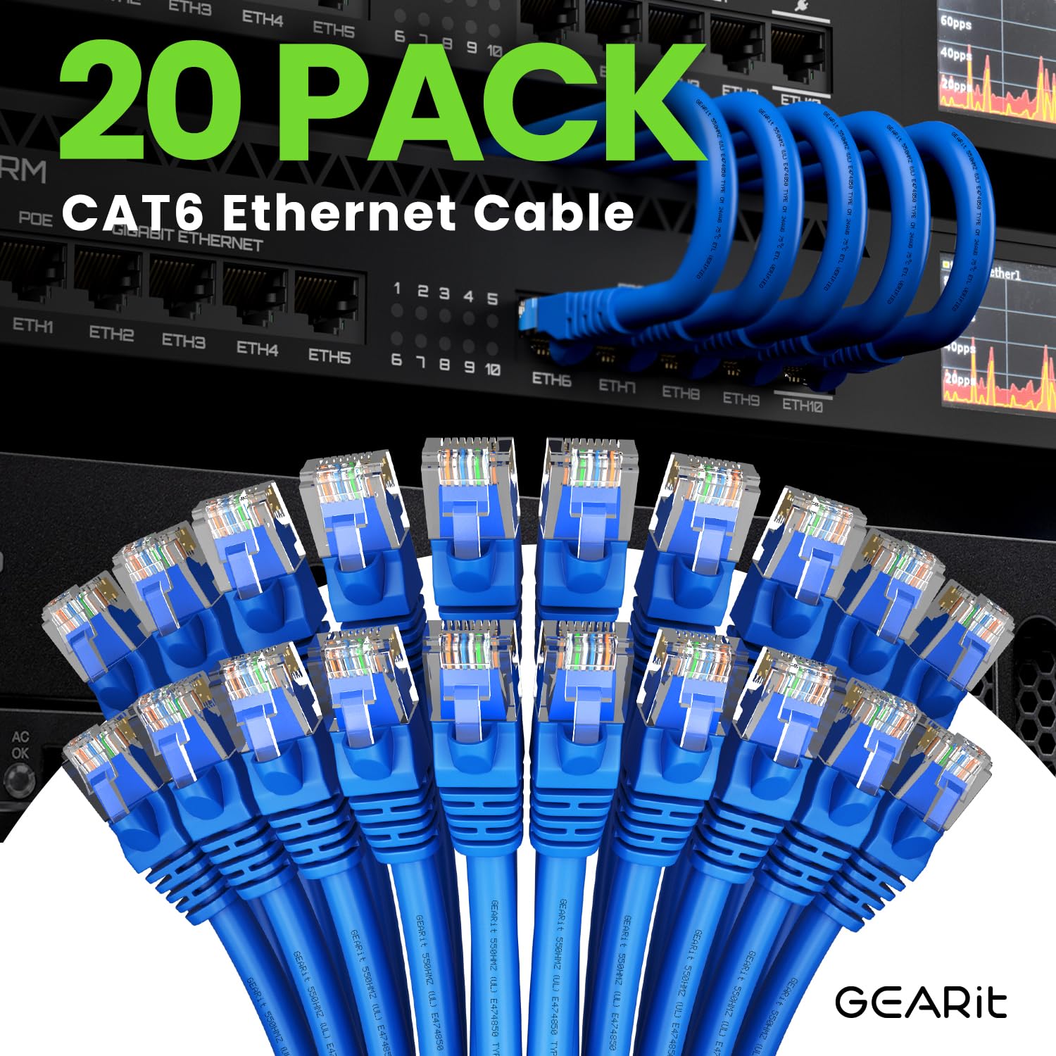 Gearit Cat 6 Ethernet Cable 4 Ft (20 Pack)   Cat6 Patch Cable, Cat 6 Patch Cable, Cat6 Cable, Cat 6 Cable, Cat6 Ethernet Cable,