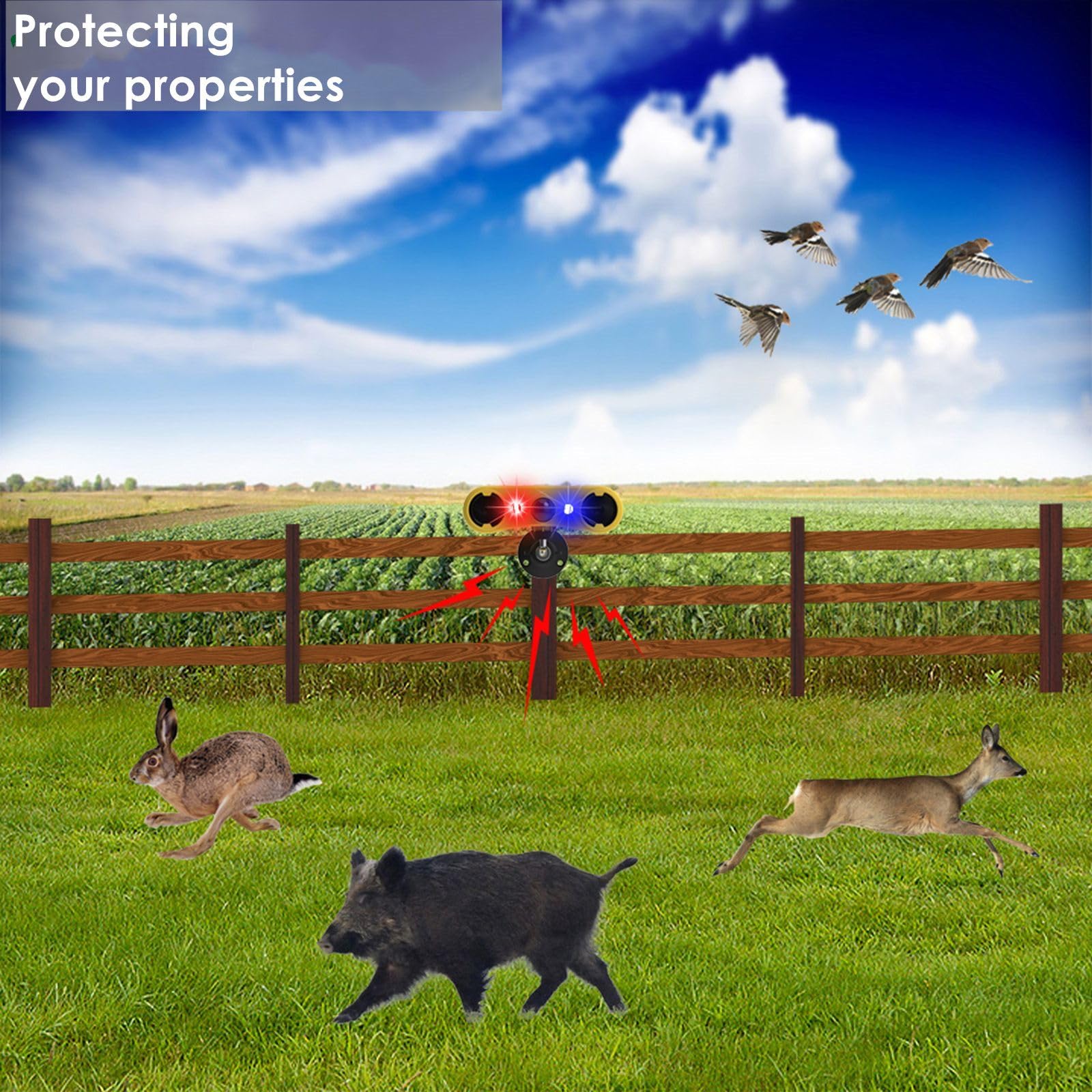 Hulppre Solar Outdoor Motion Sensor Alarm-13 Sounds Including Dog Barking&Gunshot,2 * 130Db Loud Noise Maker,4 Modes,Red&Blue Mo