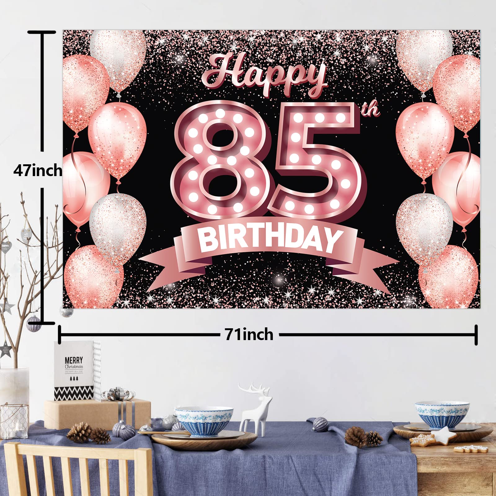 Happy 85Th Birthday Rose Gold Banner Backdrop Cheers To 85 Years Old Confetti Balloons Theme Decor Decorations For Women 85 Year