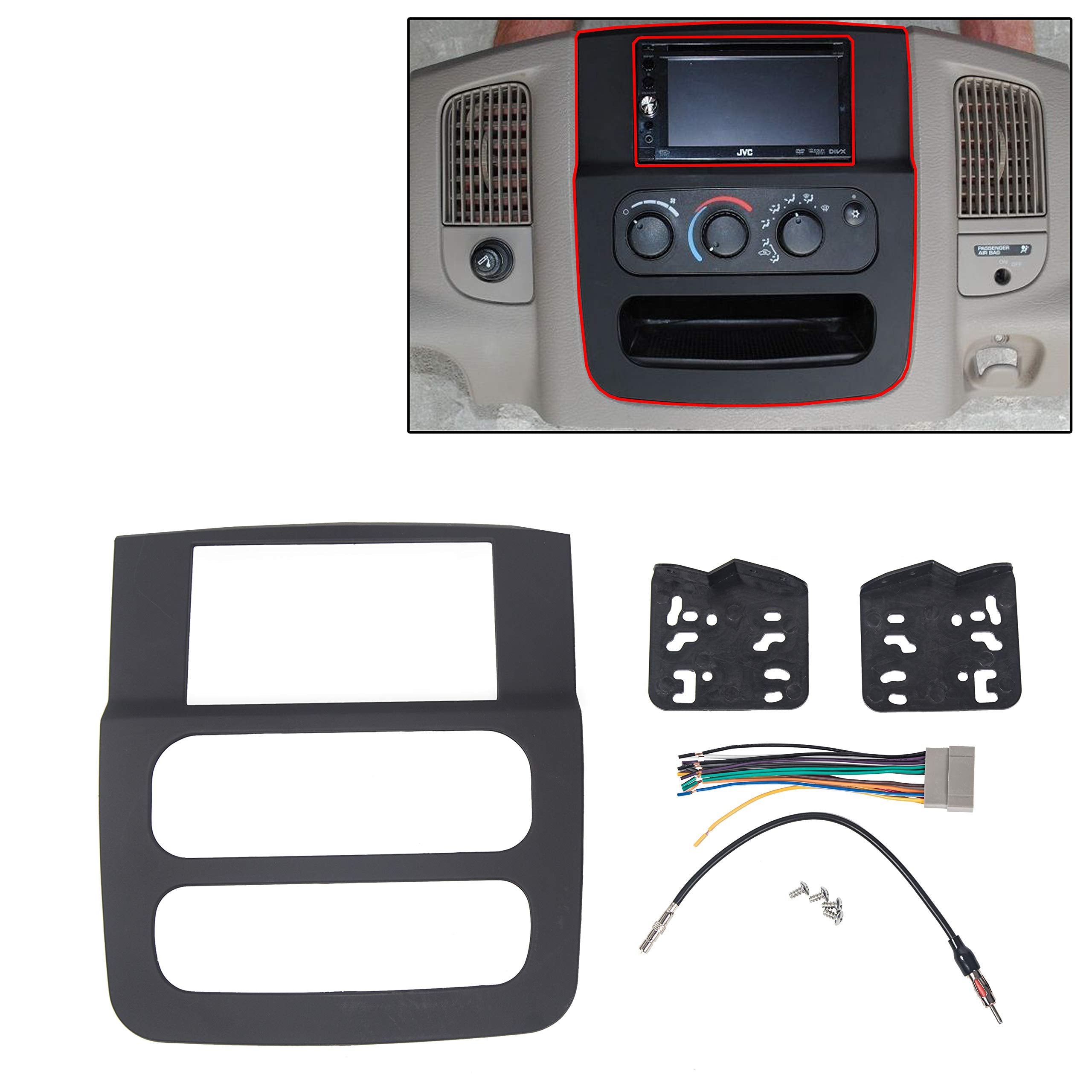 Ecotric Radio Double Din Stereo Dash Kit W/Wire Harness Antenna Adapter Compatible With 2002 2005 Dodge Ram 1500 2500 3500 Black