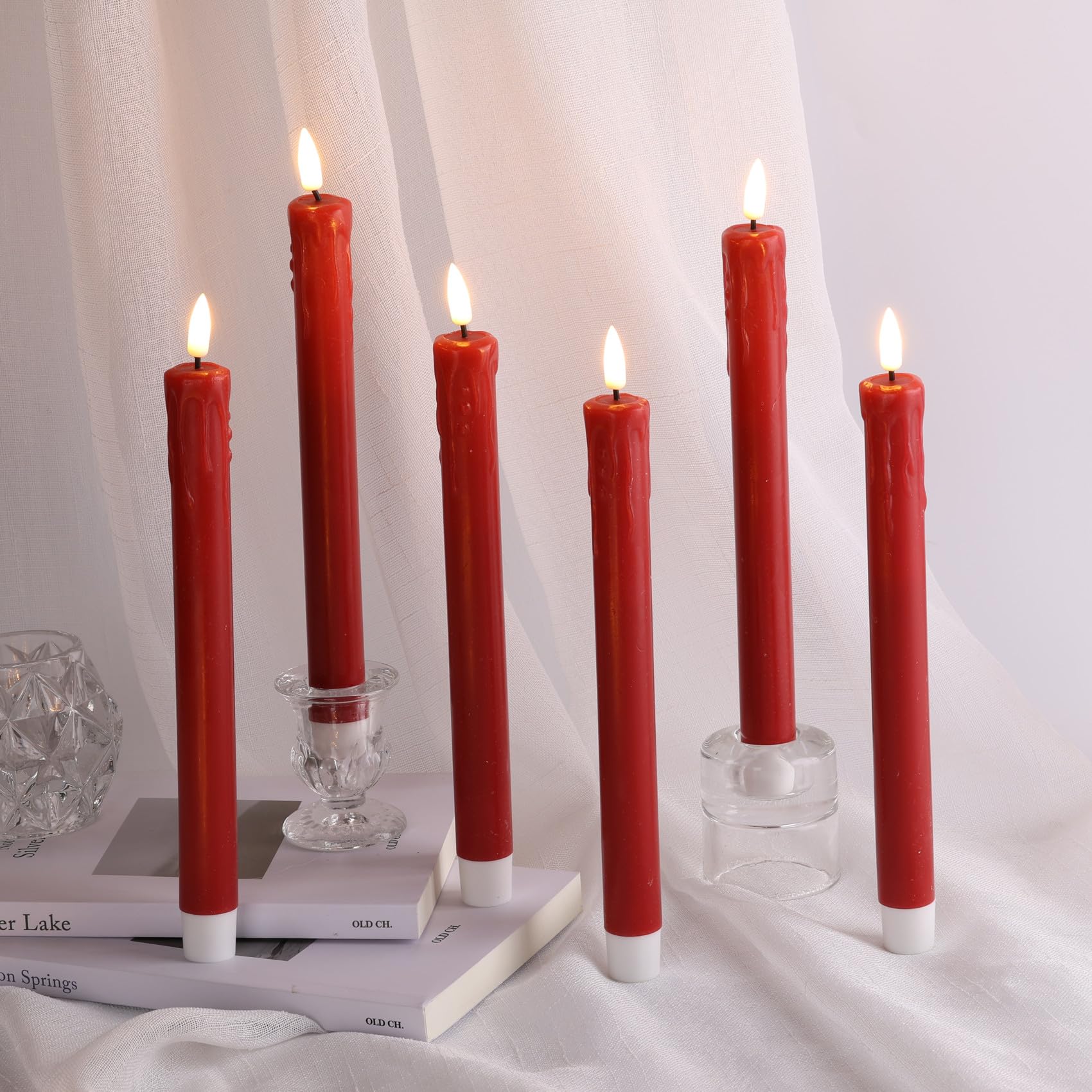 Girimax Red Dripping Wax Flameless Taper Candles With Remote, Flickering Realistic Led Candlesticks Battery Operated Set Of 6