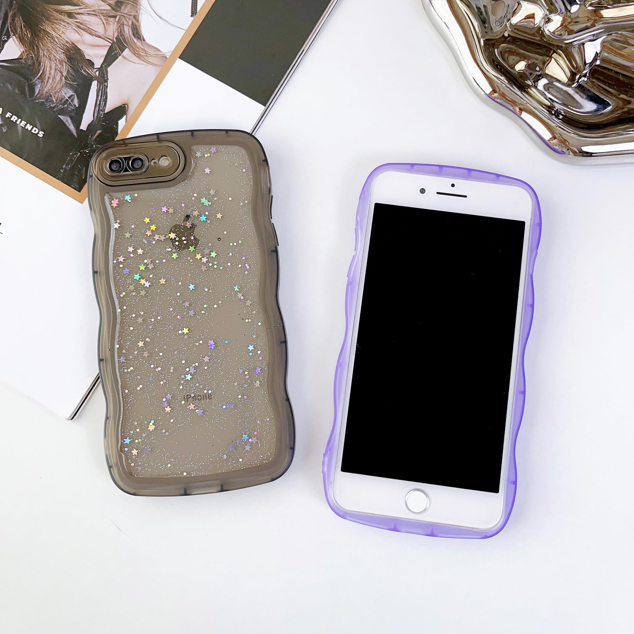 Qokey For Iphone 7 Plus Case,For Iphone 8 Plus Case,Curly Wave Design Transparent Bling Glitter Star Shiny Case, Cute Clear Full