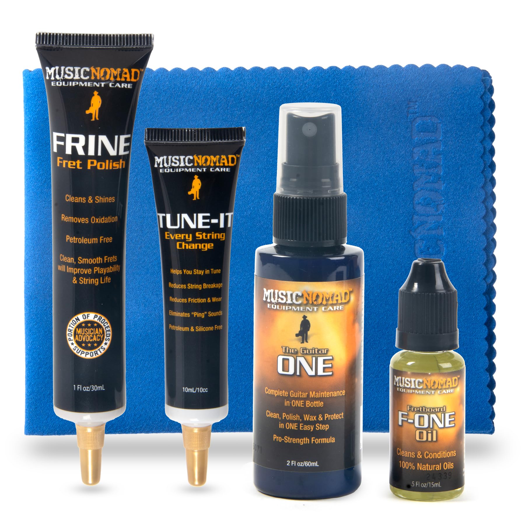 MusicNomad 5 pc. Guitar Cleaning & Care Kit: Cleaner, Fret Polish, Fretboard Oil, Nut Lubricant, Cloth for Guitar Body, Frets, F