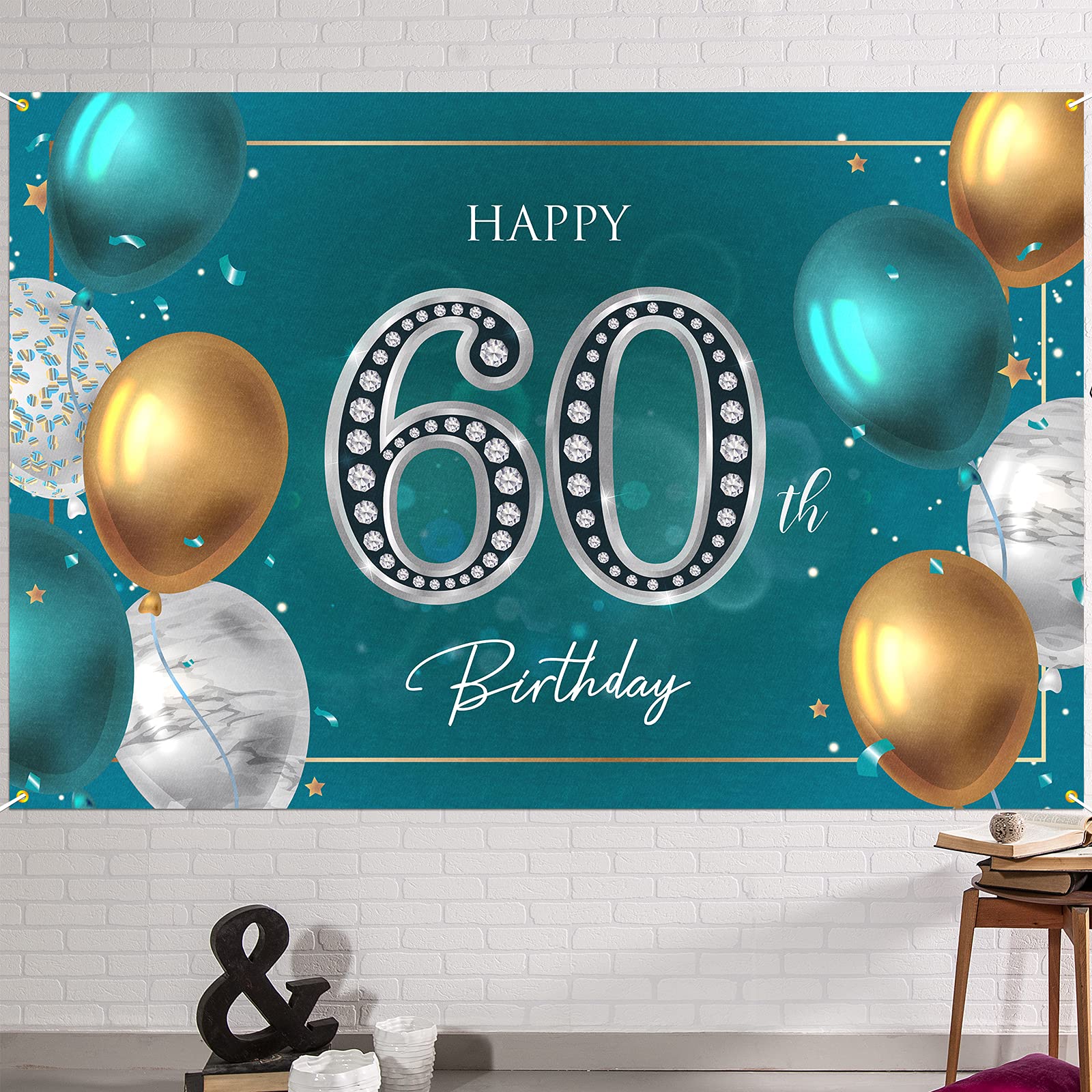 Hamigar 6X4Ft Happy 60Th Birthday Banner Backdrop   60 Years Old Birthday Decorations Party Supplies For Women Men   Green Silve
