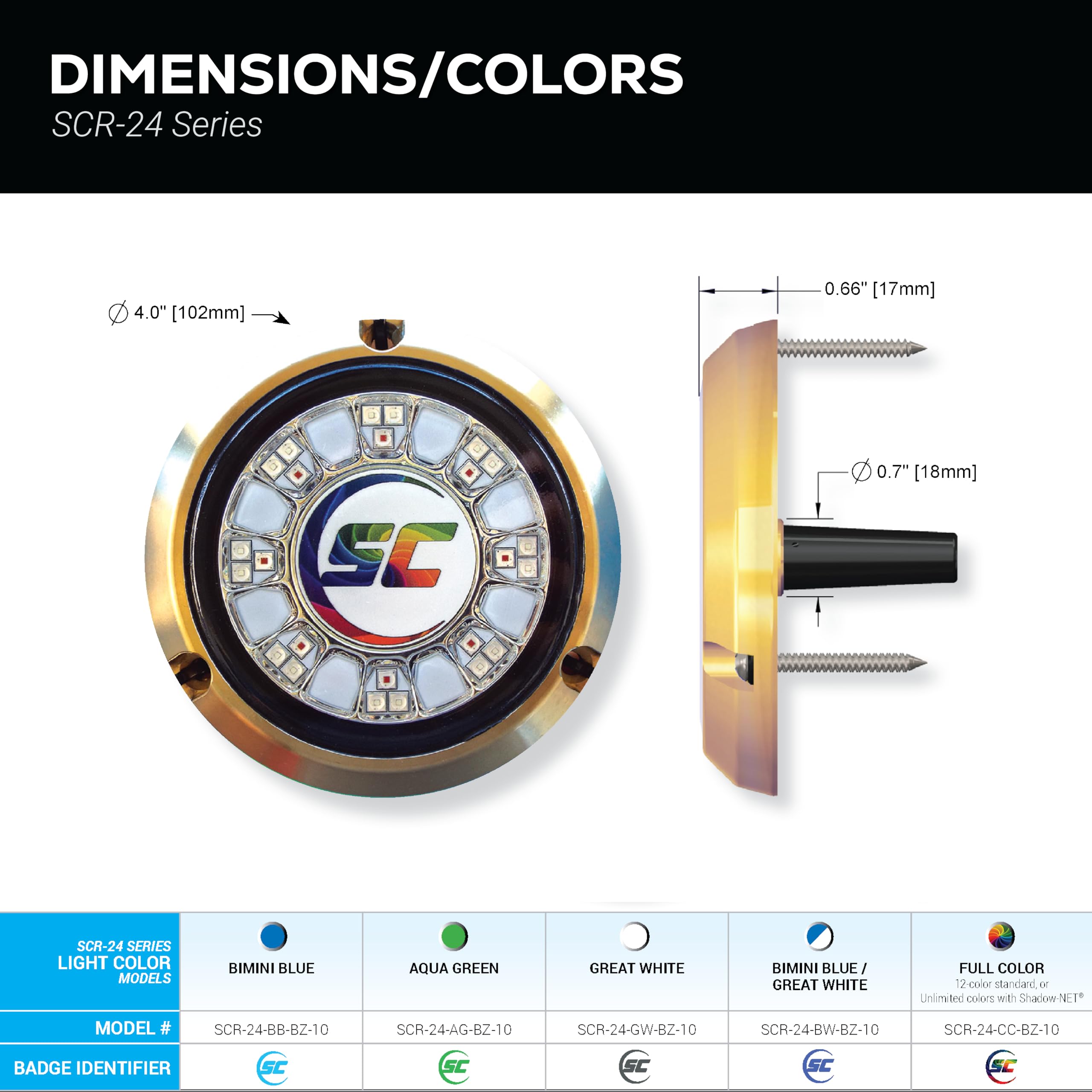 Shadow-Caster Scr-24 Led Underwater Boat Light - Color-Changing (Rgbw) - Bronze Housing - 90W Surface Mount - Tempered Glass Len