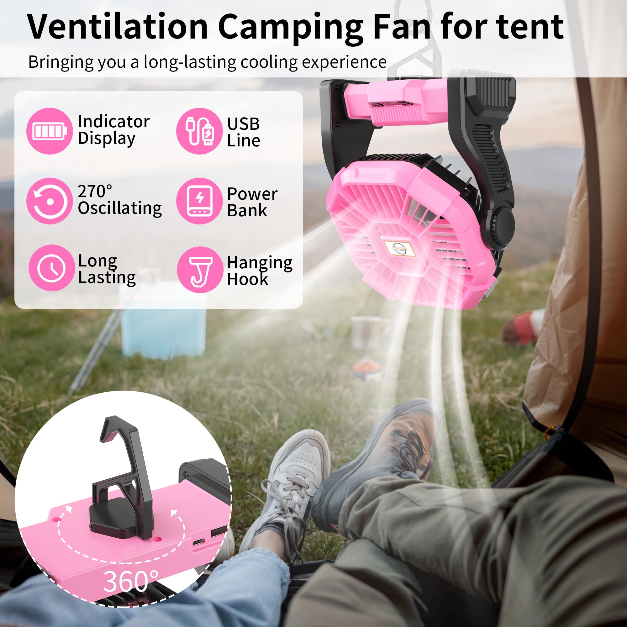Tdlol Rechargeable Fan Battery Powered Fan,Portable Camping Fan With Led Lights & 360Hook,Battery Operated Fan For Camping,Cordl
