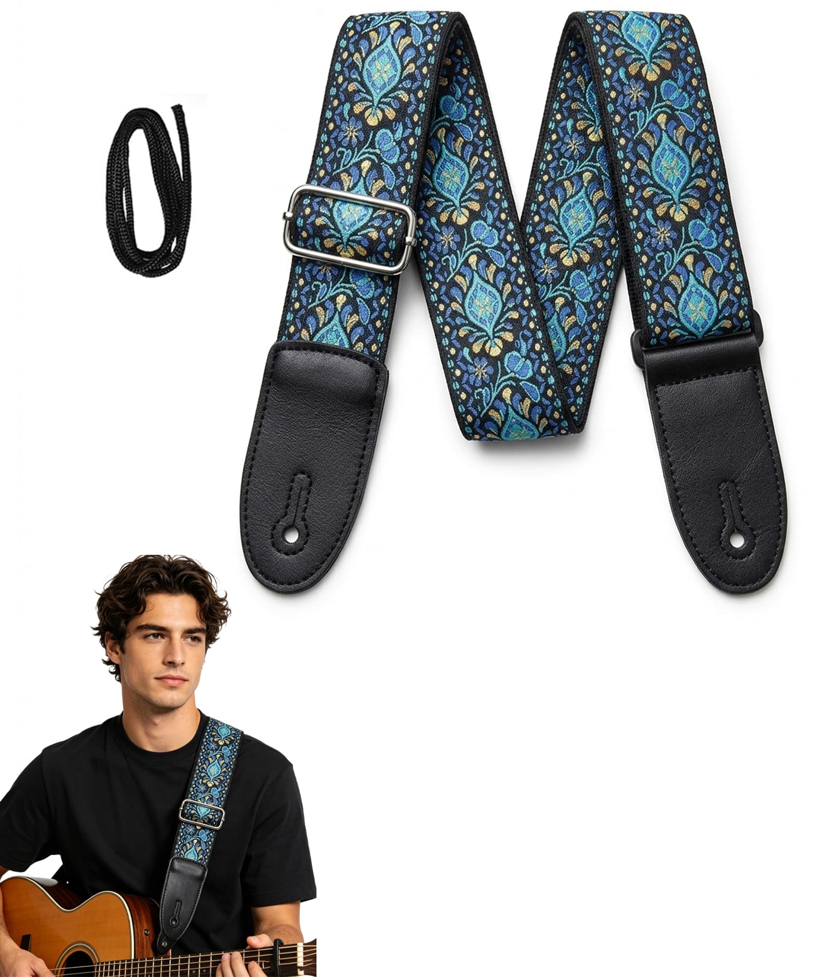 ELESUNCDOU Guitar Strap, Guitar Belt Strap, DoubleSided Vintage Embroidered Cotton Design, Adjustable Length 88140 CM, Versati