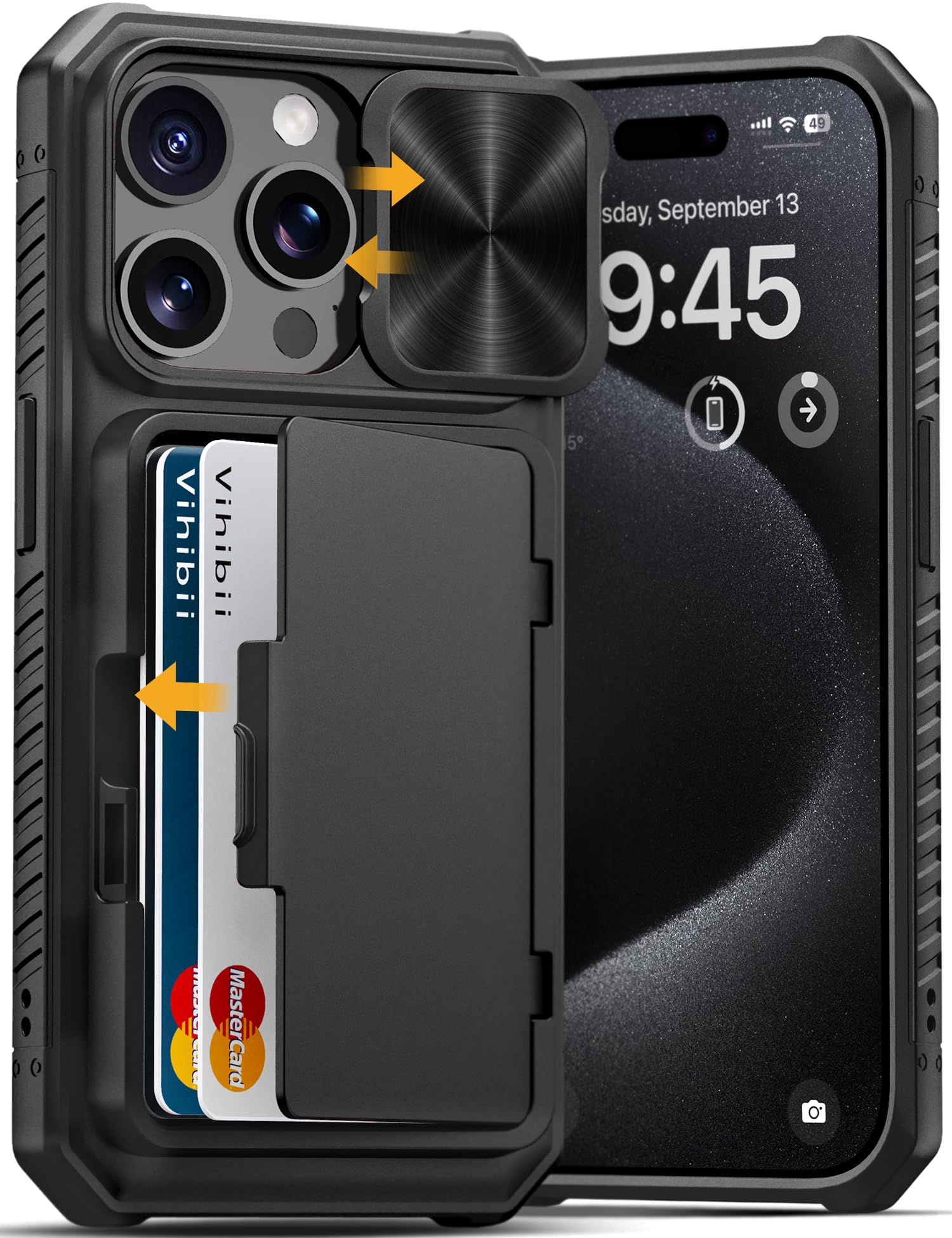 Vihibii For Iphone 15 Pro Case With Card Holder (4 Cards) & Slide Camera Cover & Kickstand, Shockproof Rugged Hard Back & Tpu So