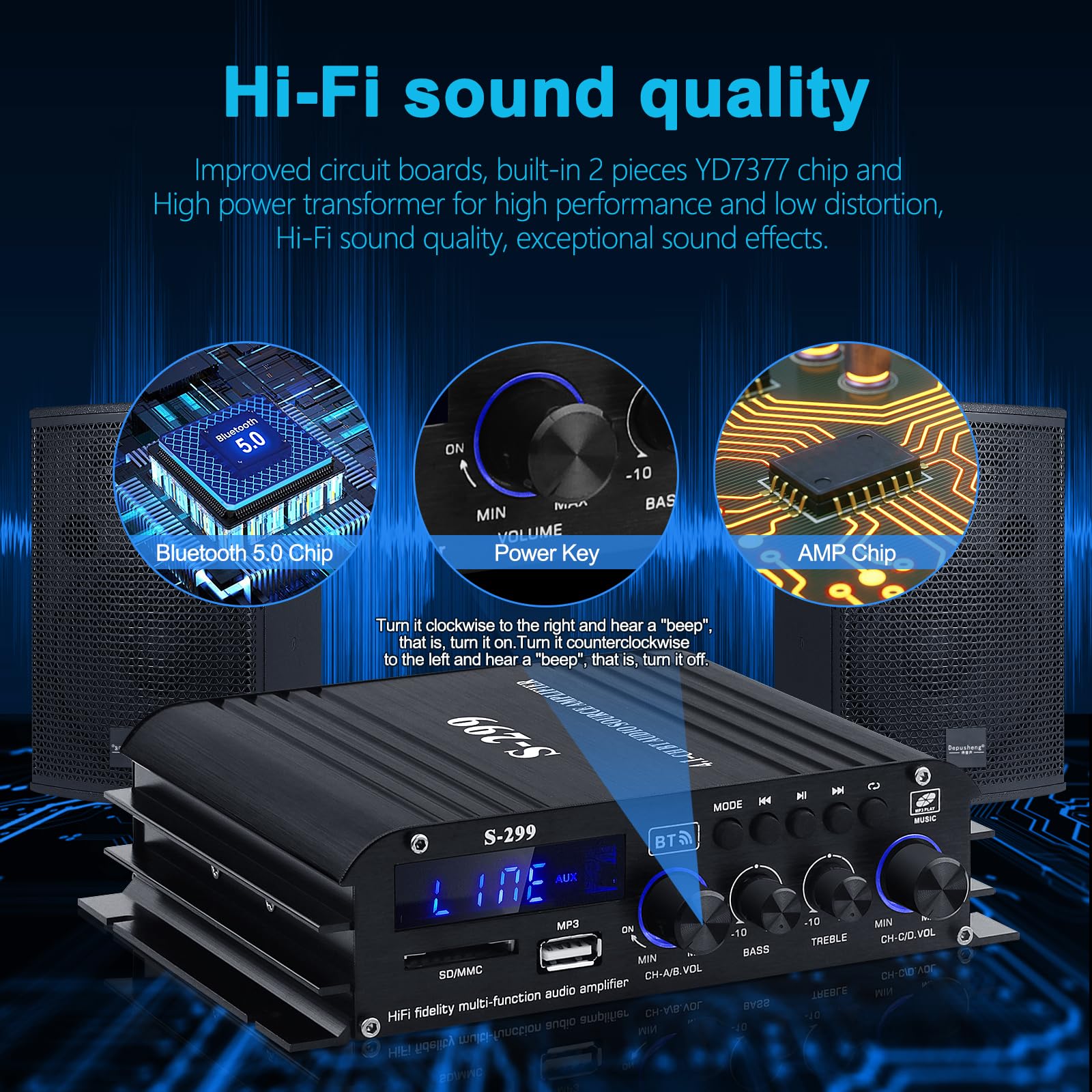 Audio Amplifier Receiver For Home Speakers, S 299 Bluetooth 5.0 Power Amplifier 4.1 Channel Rms 40Wx4 Subwoofer Amp Dc 12V/5A Mi