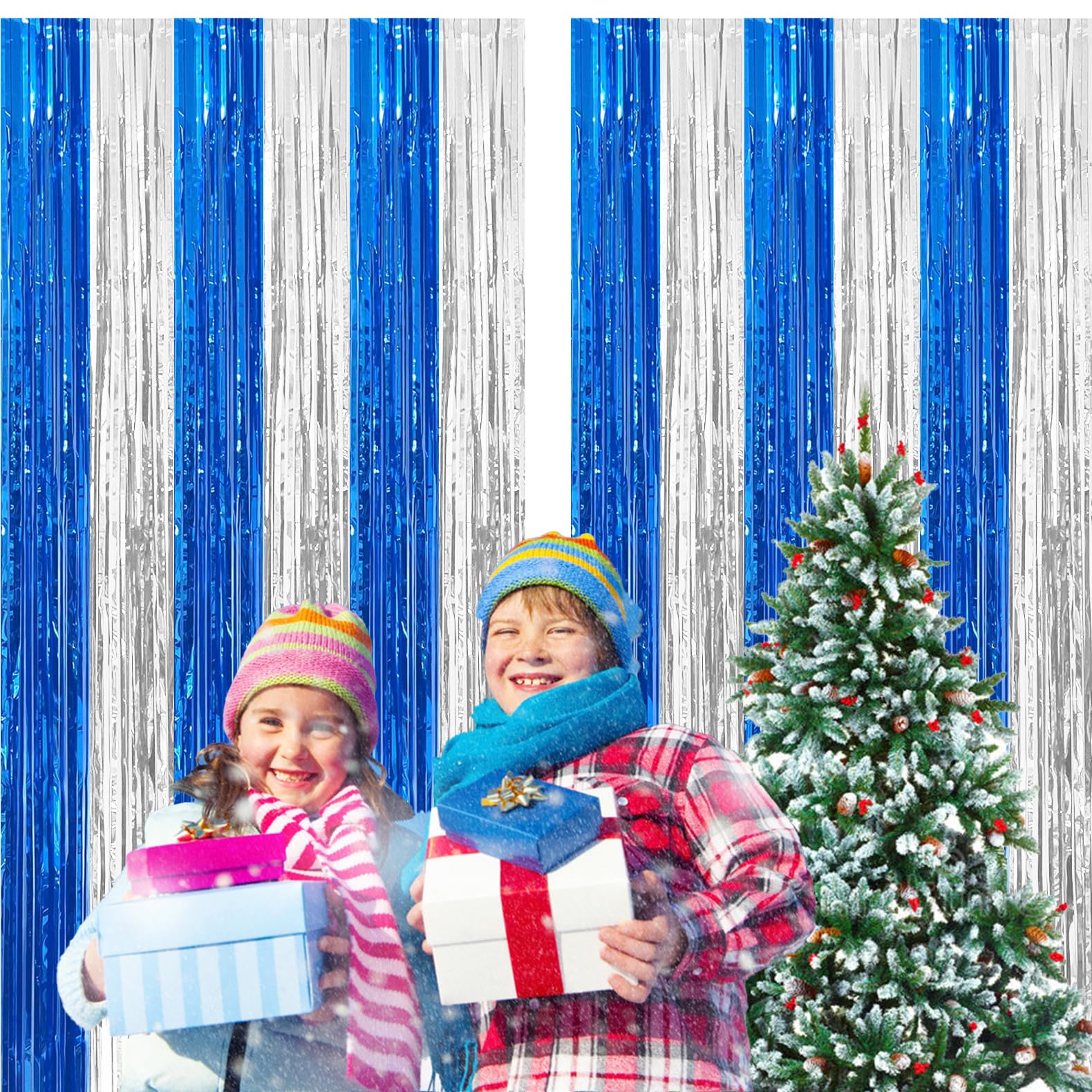 2 Pack Blue And Silver Foil Fringe Curtains Photo Booth Prop Tinsel Streamer Backdrops For Graduation Xmas Holiday Party Decorat