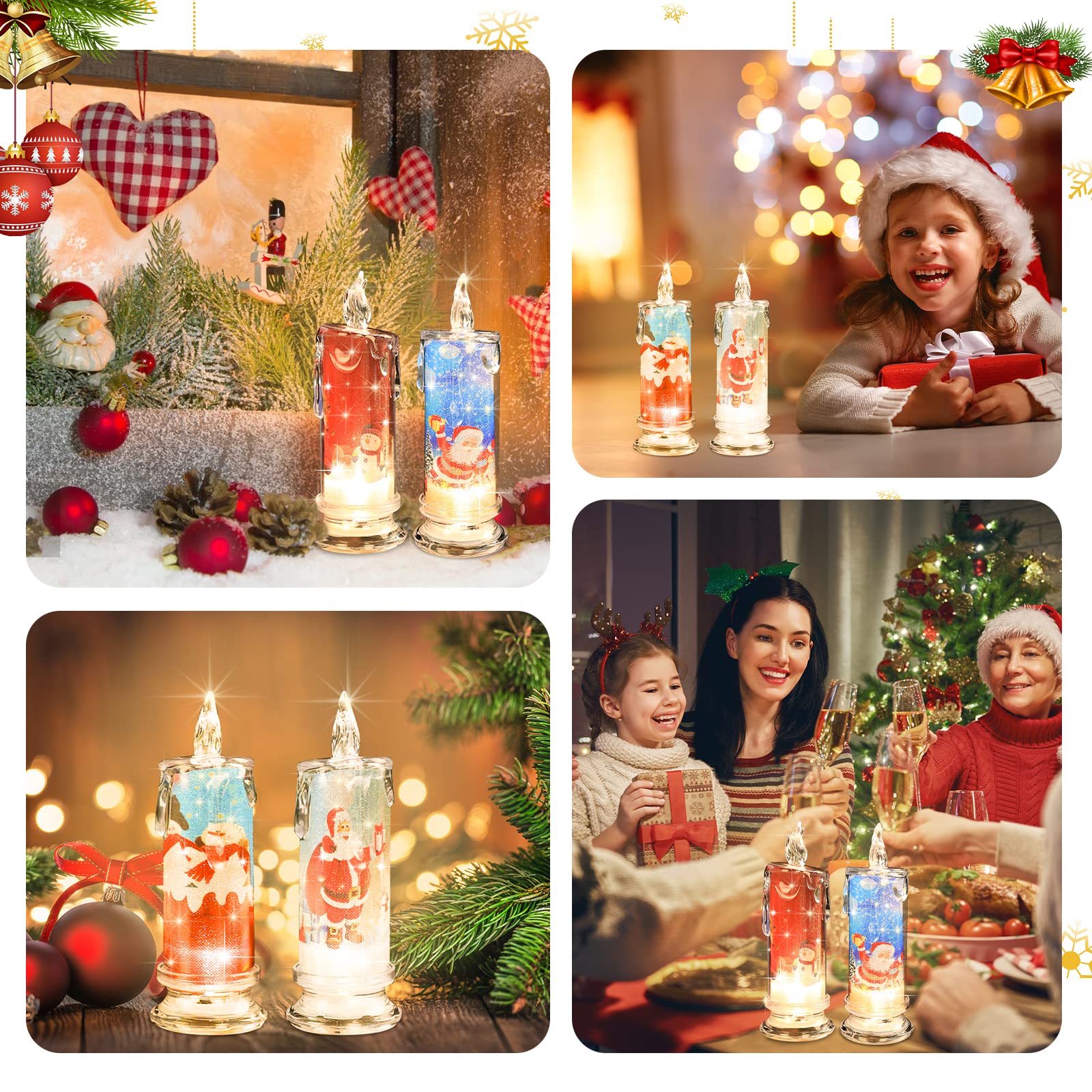 Supbri Christmas Flameless Candles With Santa Claus, Snowman,Decals Set Of 4, Battery Operated Christmas Themed Led Candles For