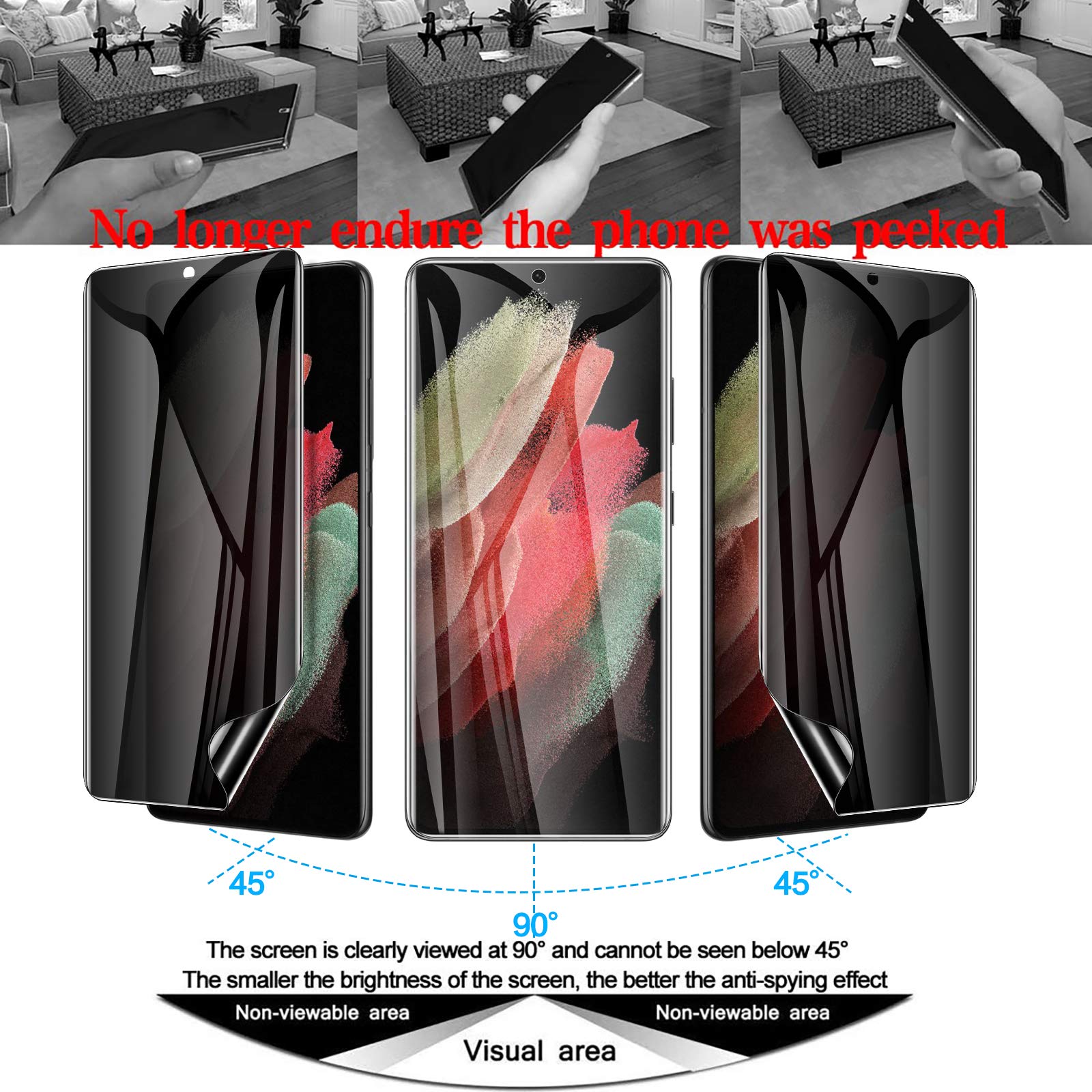 Lywhl 2 Pack For Galaxy S21 Ultra Privacy Screen Protector, Anti Spy Full Adhesive Coverage Film For Samsung Galaxy S21 Ultra, [