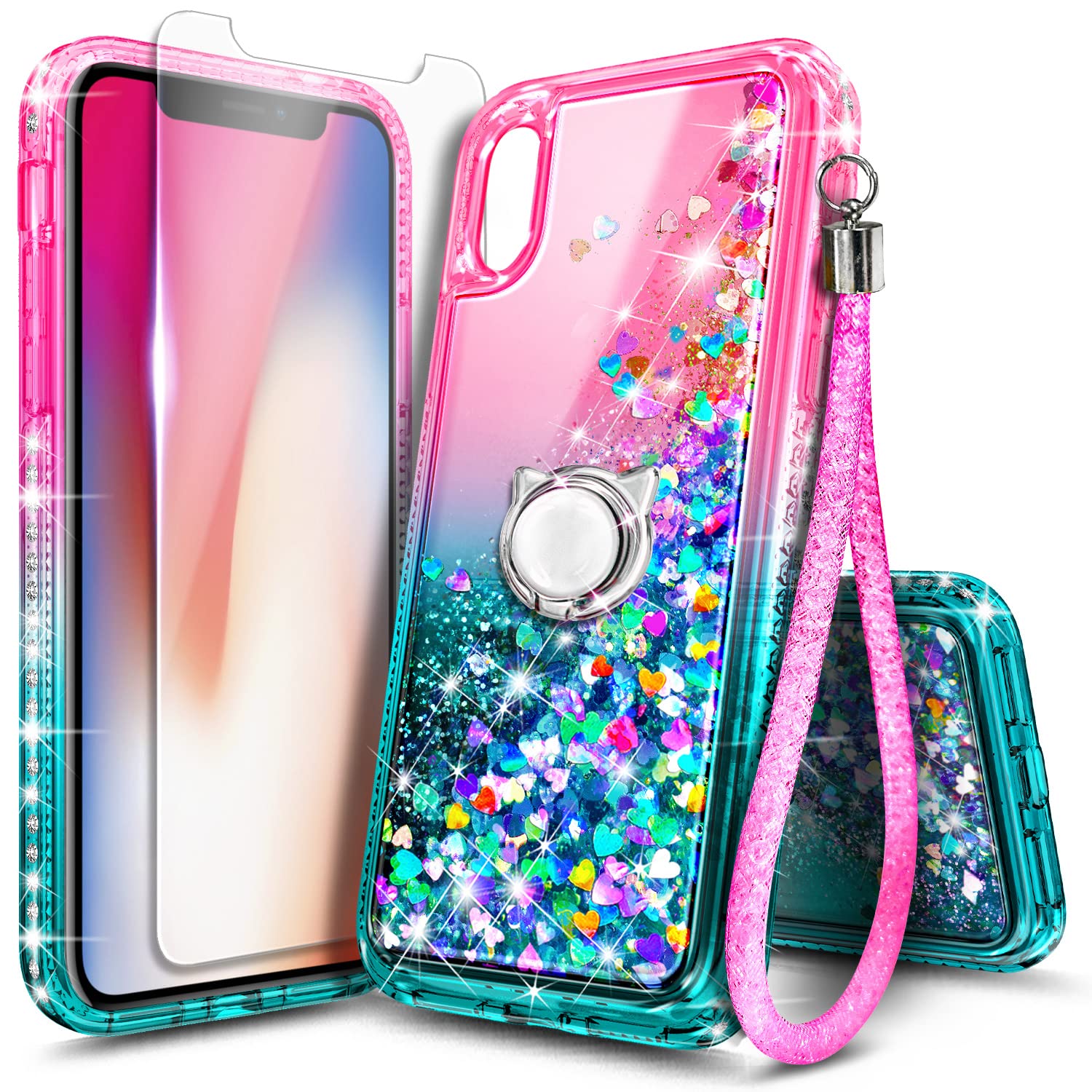Ngb Case For Iphone Xs Max With Tempered Glass Screen Protector, Ring Holder/Wrist Strap, Girls Women Liquid Bling Sparkle Flowi